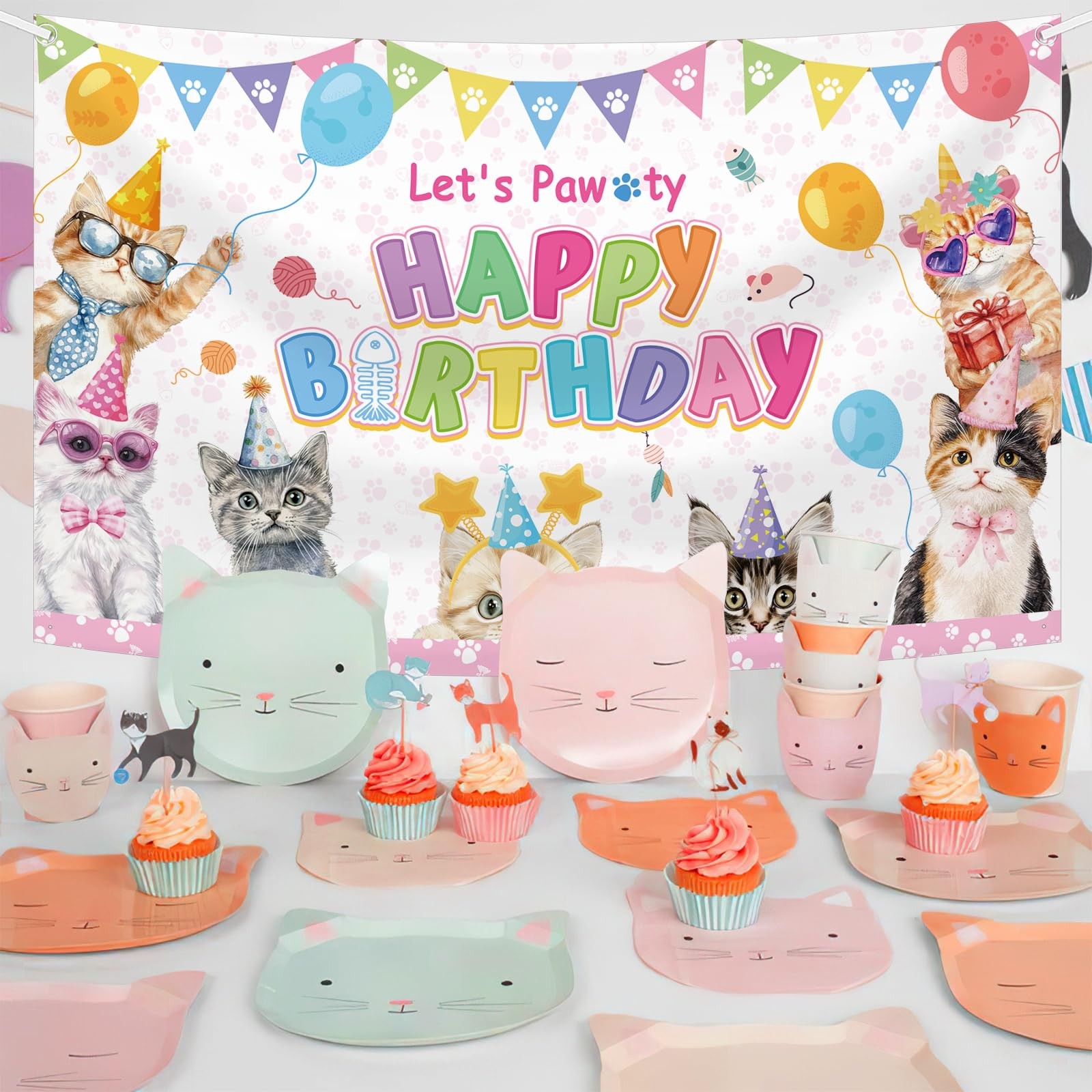Cat Birthday Decorations Pink Cute Cat Birthday Party Banner Let’s Pawty Cats…