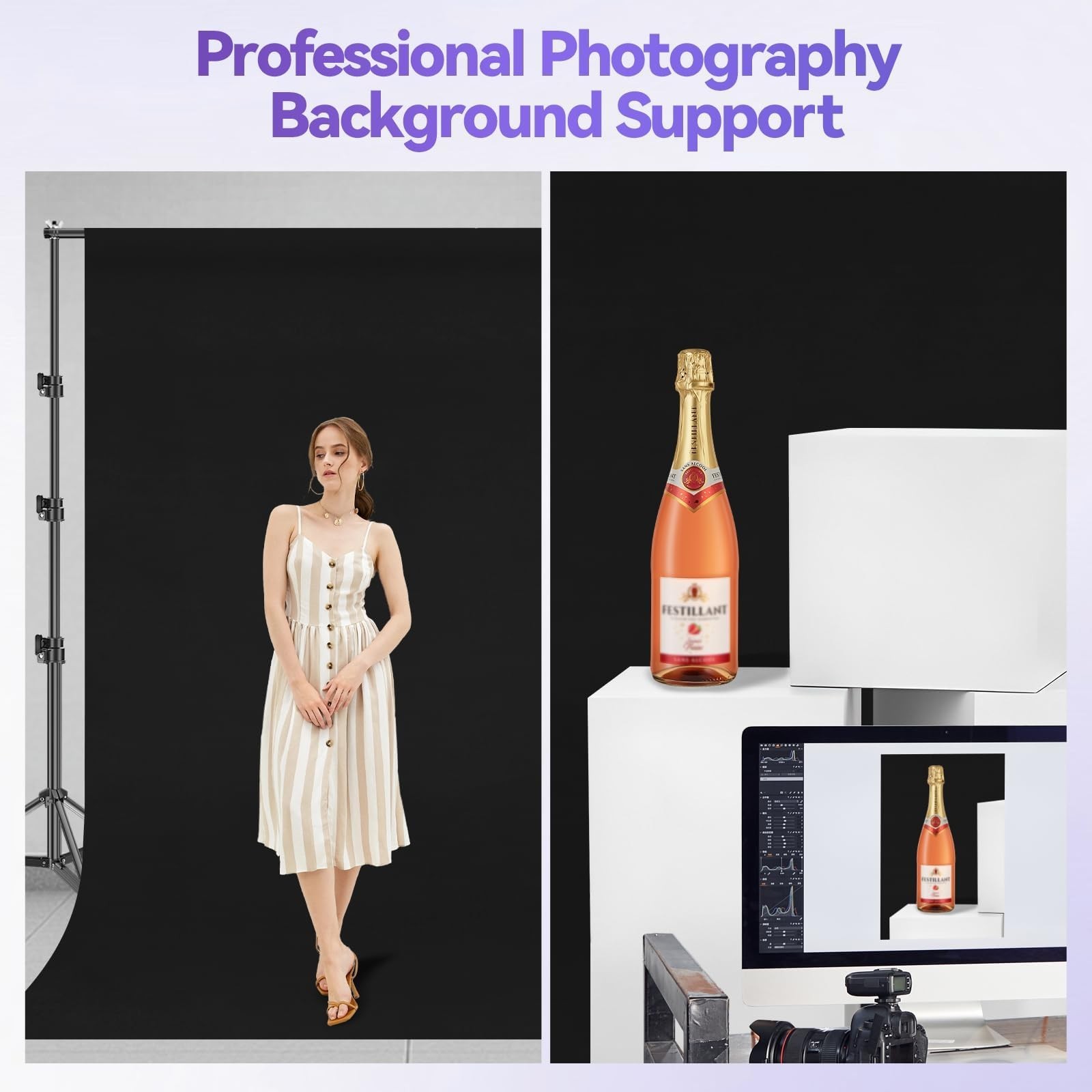 Adjustable Photo Backdrop Stand Kit 8.5x10ft with 12x10ft Black Background for P