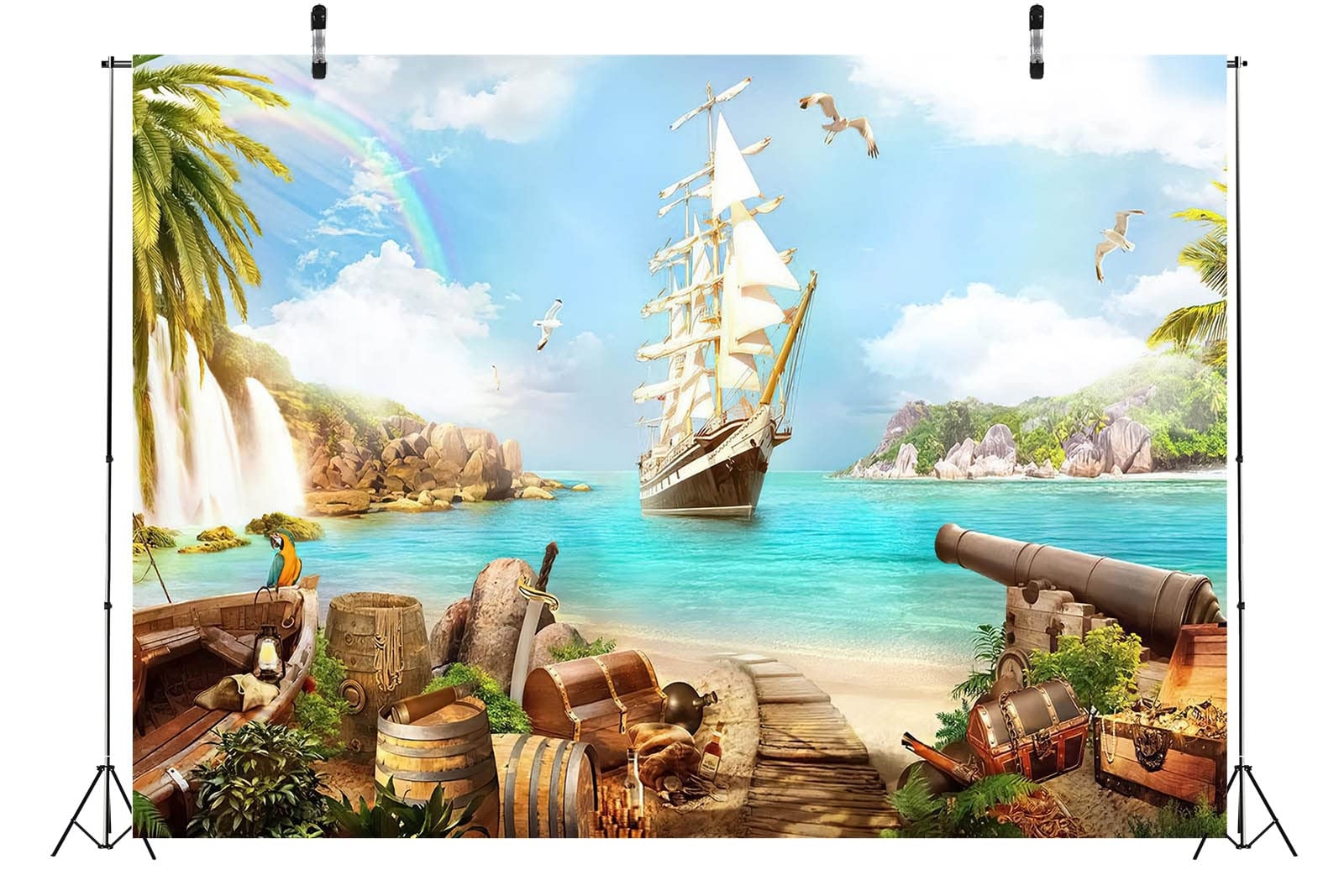 8x6ft Fabric Beach Island Pirate Theme Backdrop Pirate Ship Treasure Chests B…