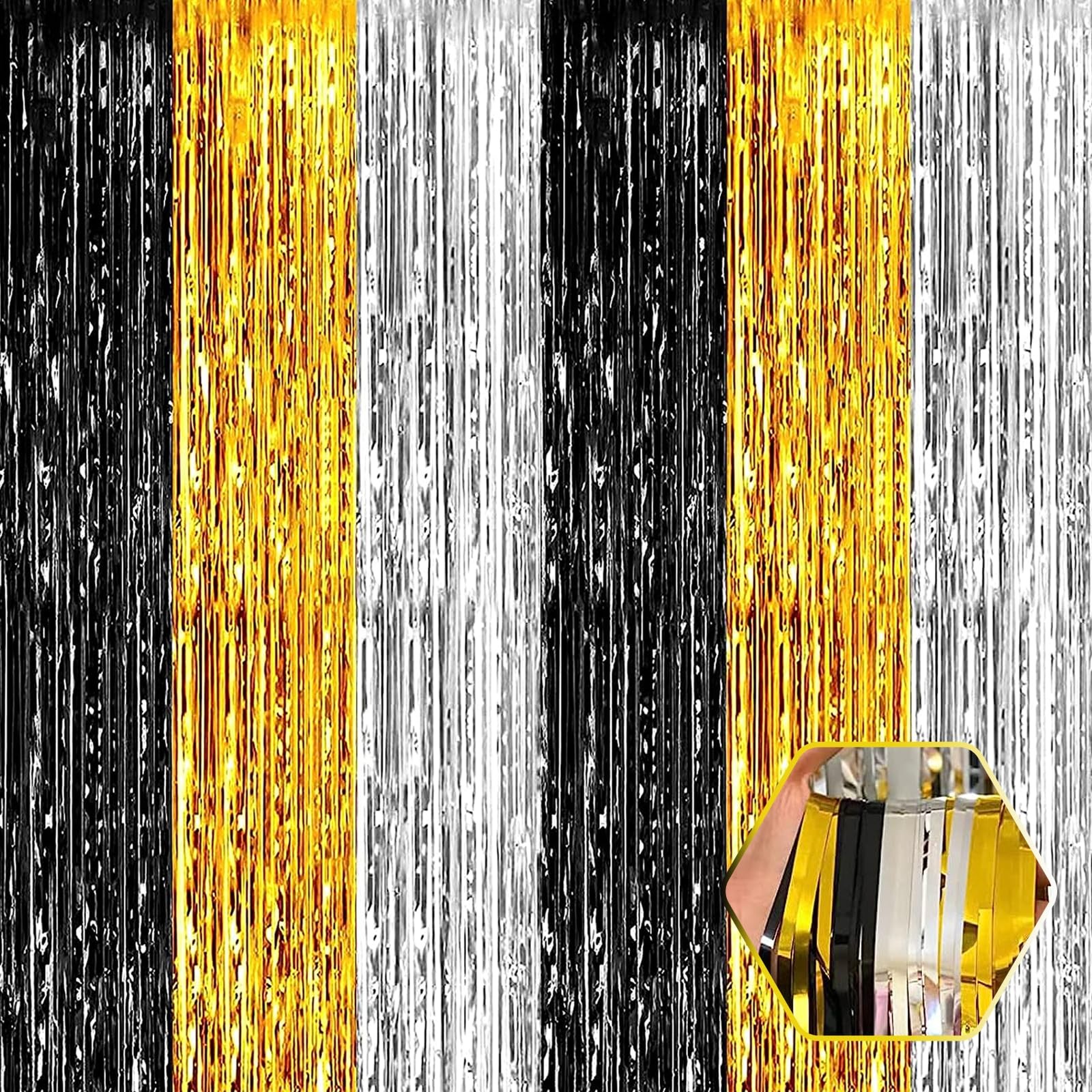 6 PCS Black Gold Silver Foil Fringe Tinsel Curtain Backdrop 3.28×8.2 Ft