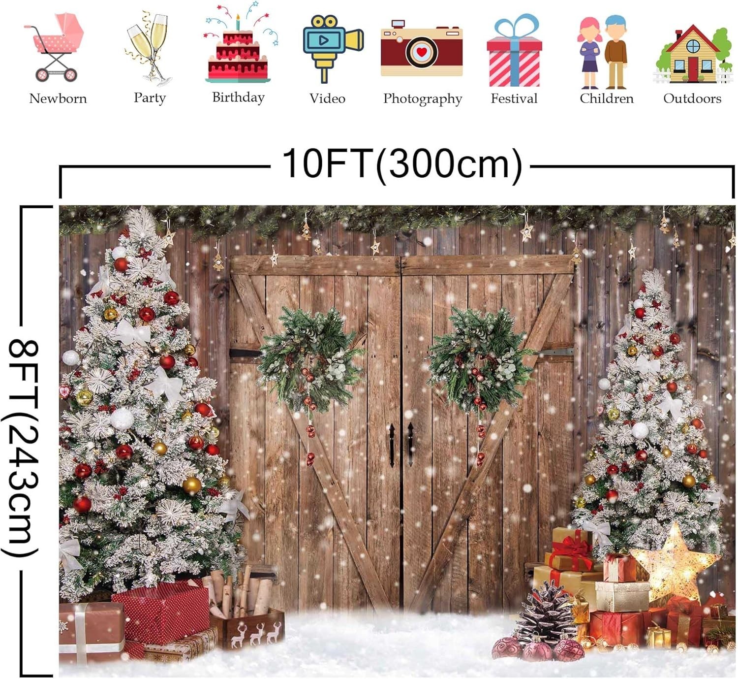 10x8FT Christmas Backdrop: Rustic Barn Door Design for Holiday Photography