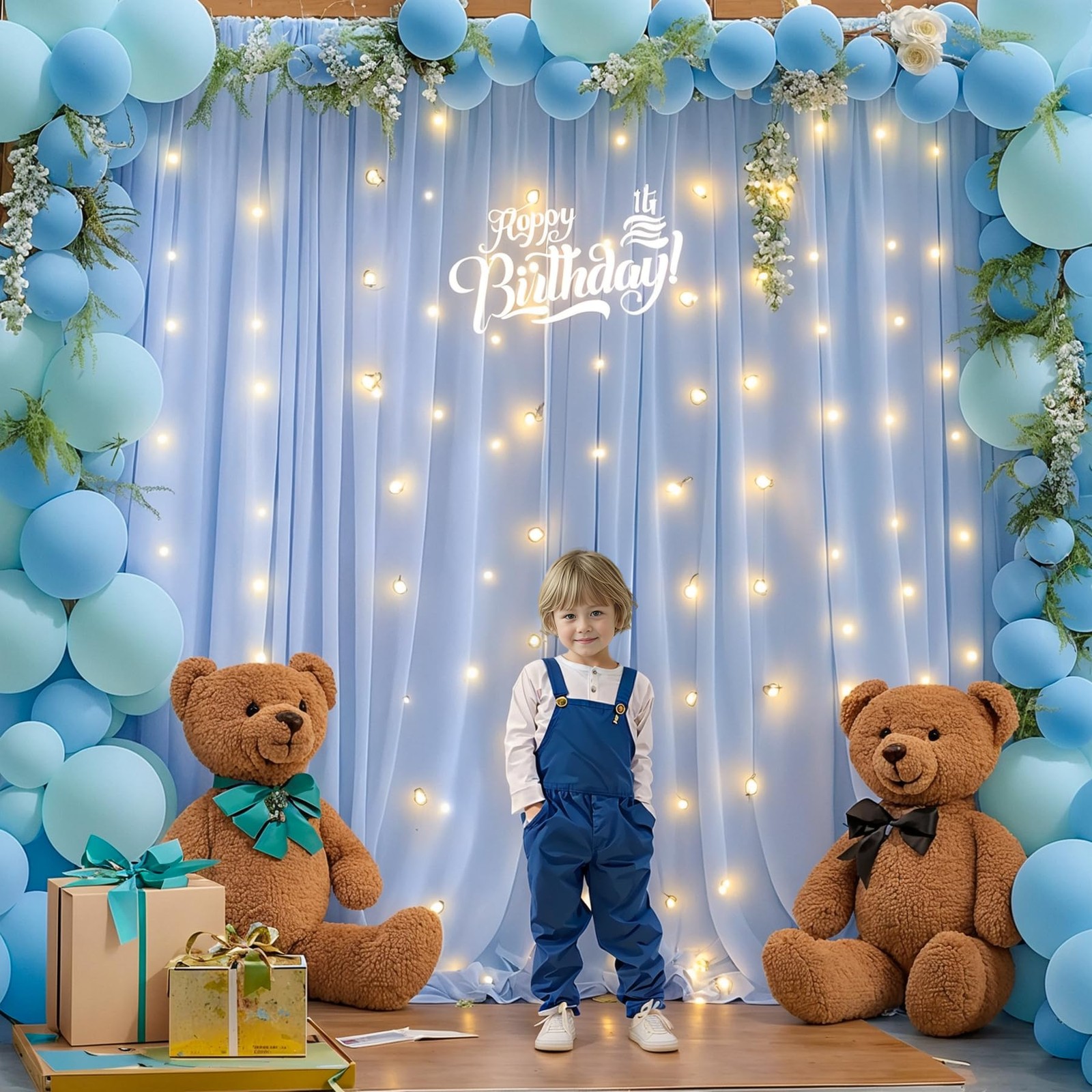 10 x 10 Ft Baby Blue Chiffon Backdrop Curtain Lights String Wedding Photo
