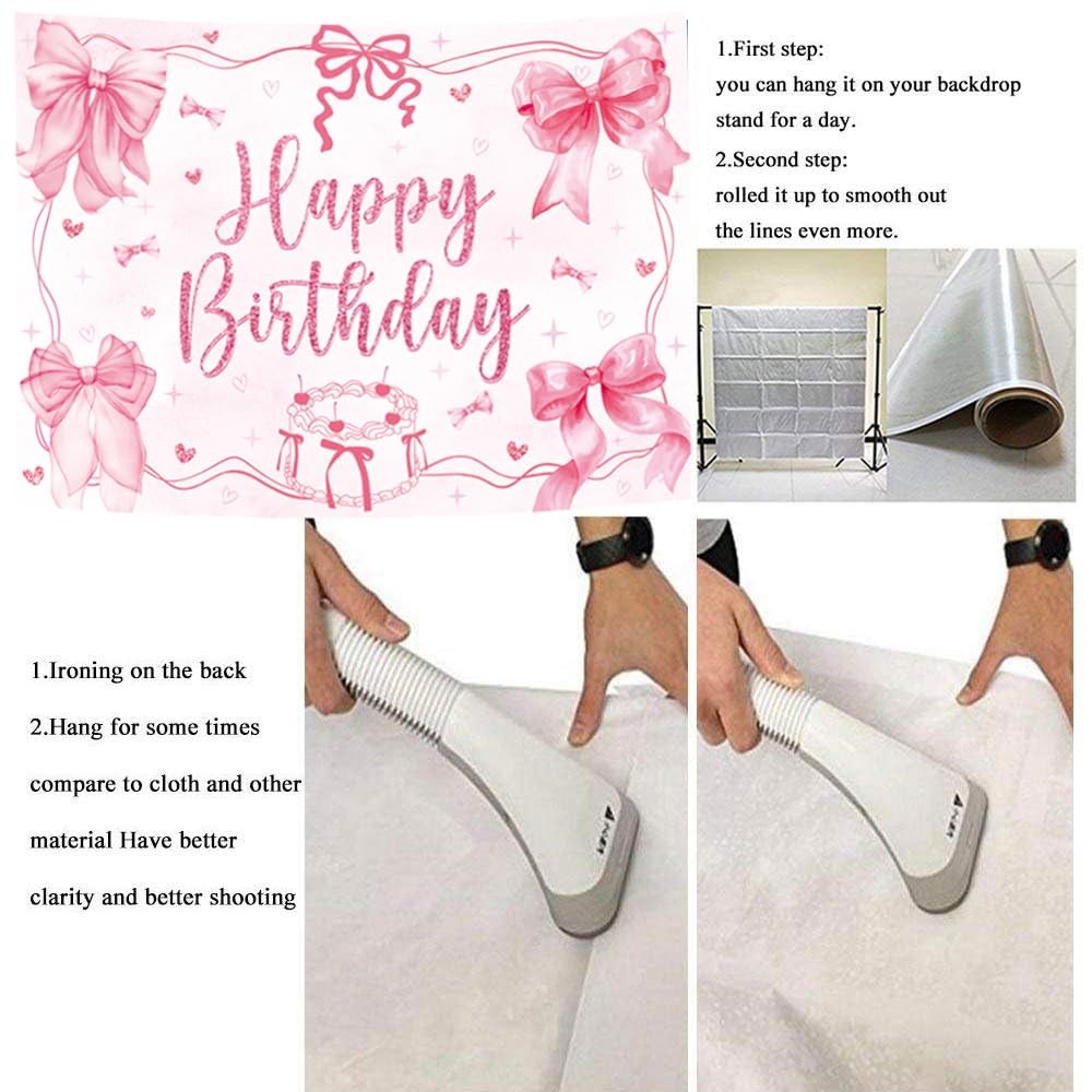 Pink Bow Coquette Happy Birthday Party Theme Photo Backdrop 7x5ft Banner