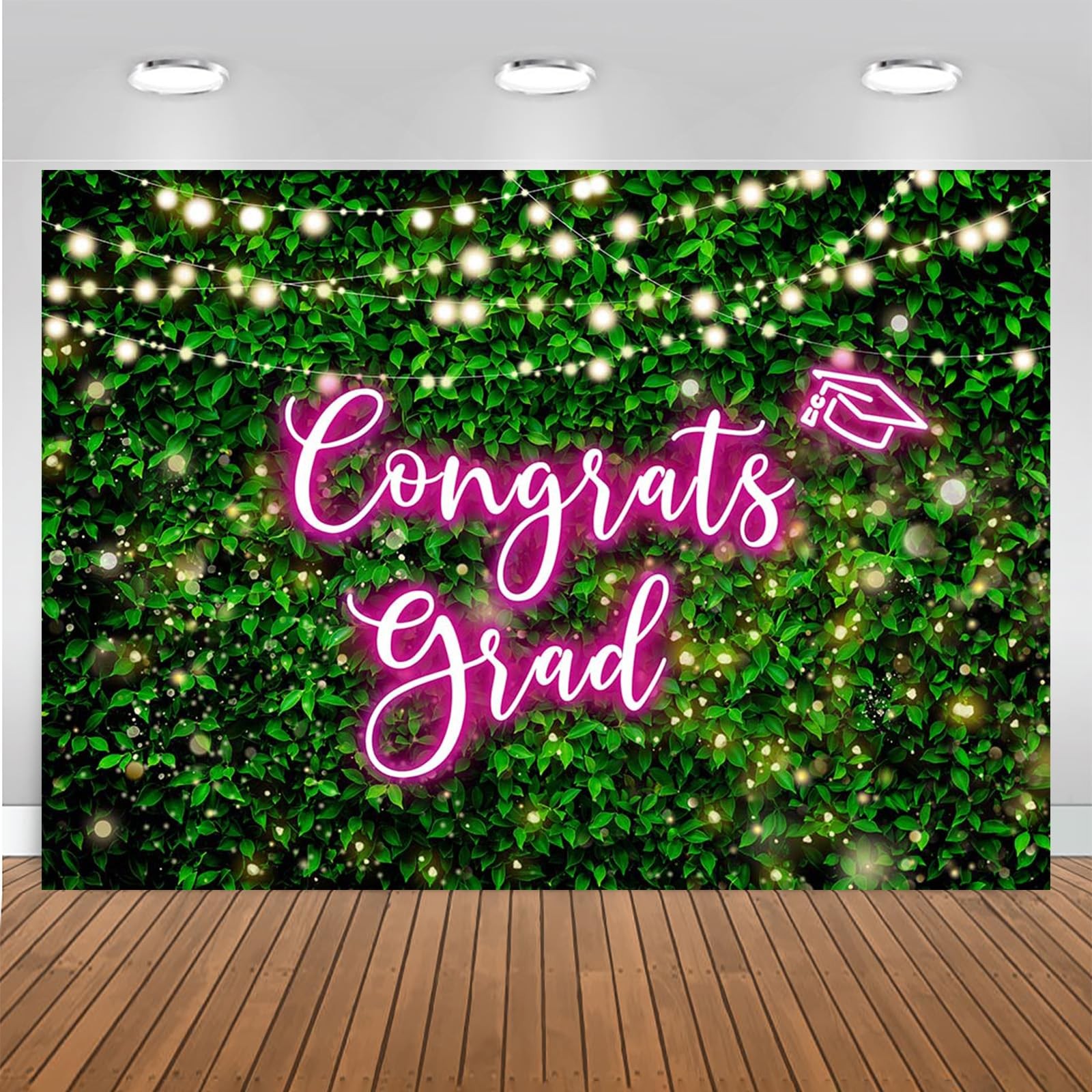 2025 Congrats Grad Backdrop Green Leaves Graduation Decoration Pink 7x5ft