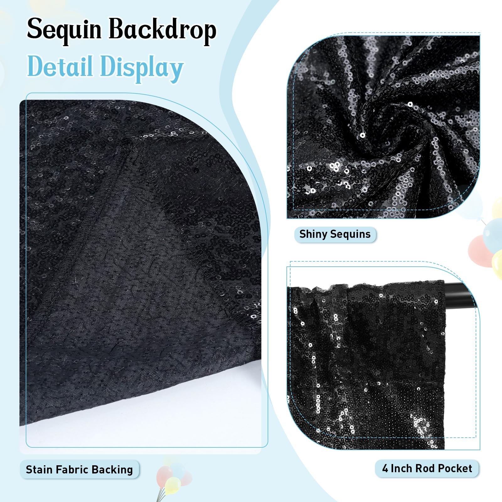 Black Sequin Backdrop, 6FT x 6FT, Thick, Glitter Curtain, Halloween, Party