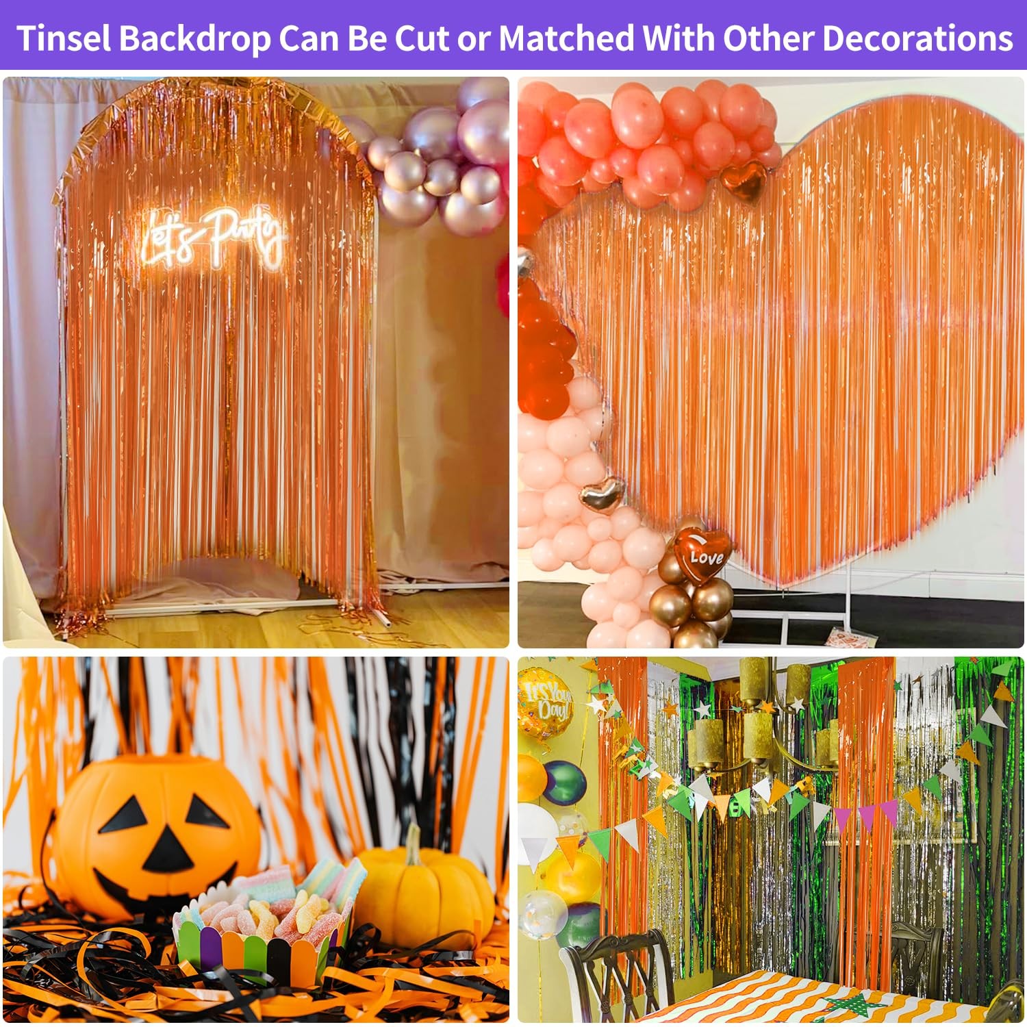 2 PCS Thanksgiving Orange Streamers Fringe Backdrop 3.3×8.2Ft Foil Curtains