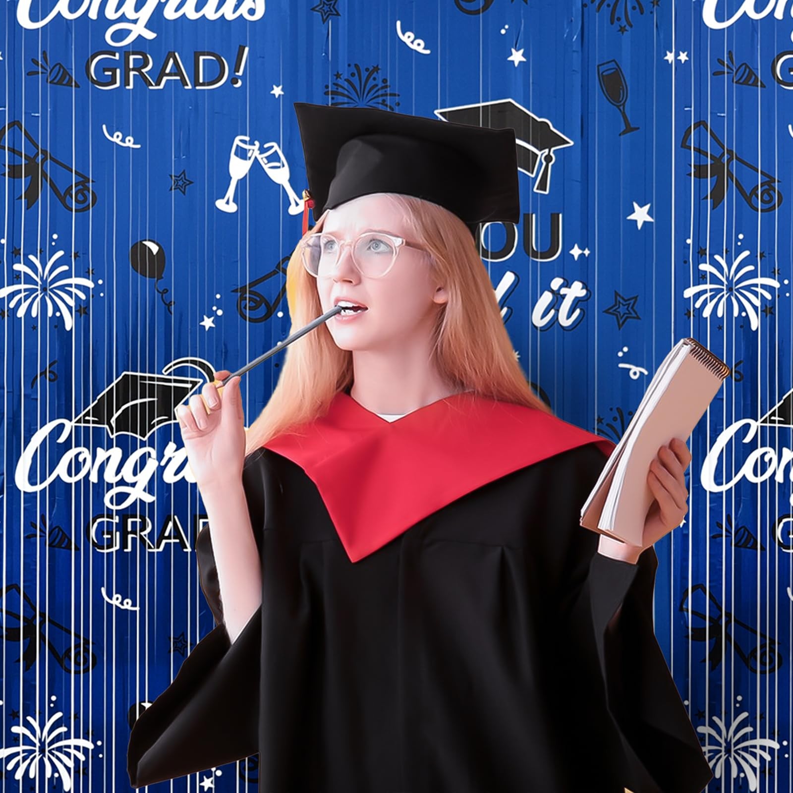 2025 Graduation Foil Fringe Curtains 2 Pack 3.2×6.5 ft Blue Black Graduation …