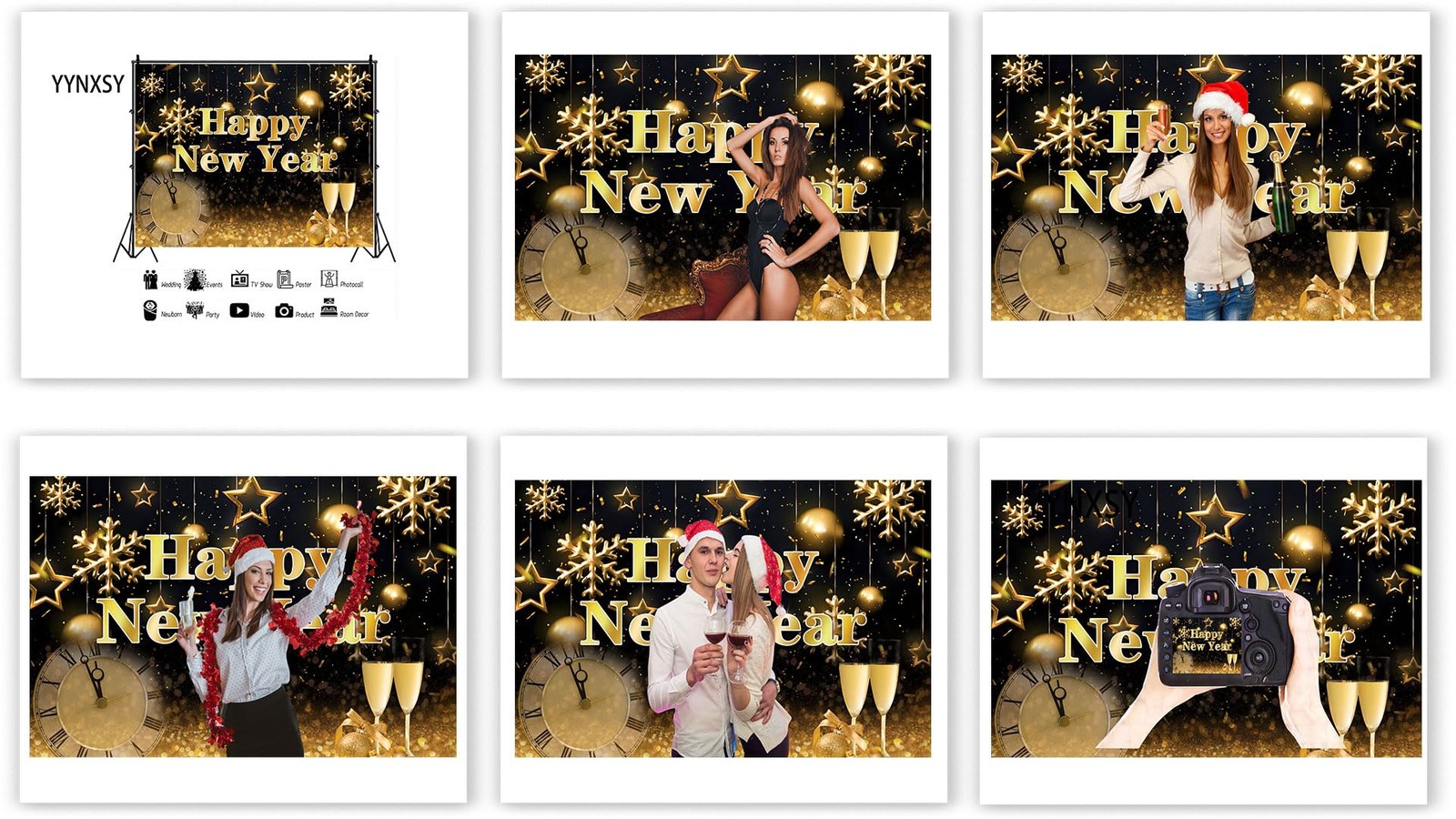 8x6FT Happy New Year Backdrop Black Gold NYE Party Photo Booth Prop YY11502