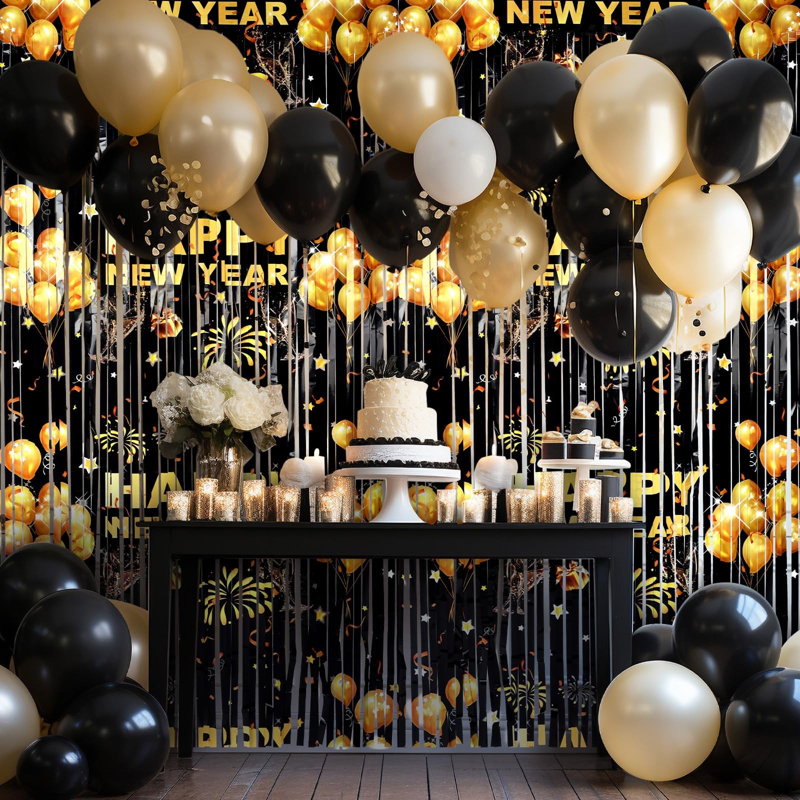 2 Pack Happy New Year 2026 Black Gold Foil Curtains Metallic Fringe 3.3×6.6