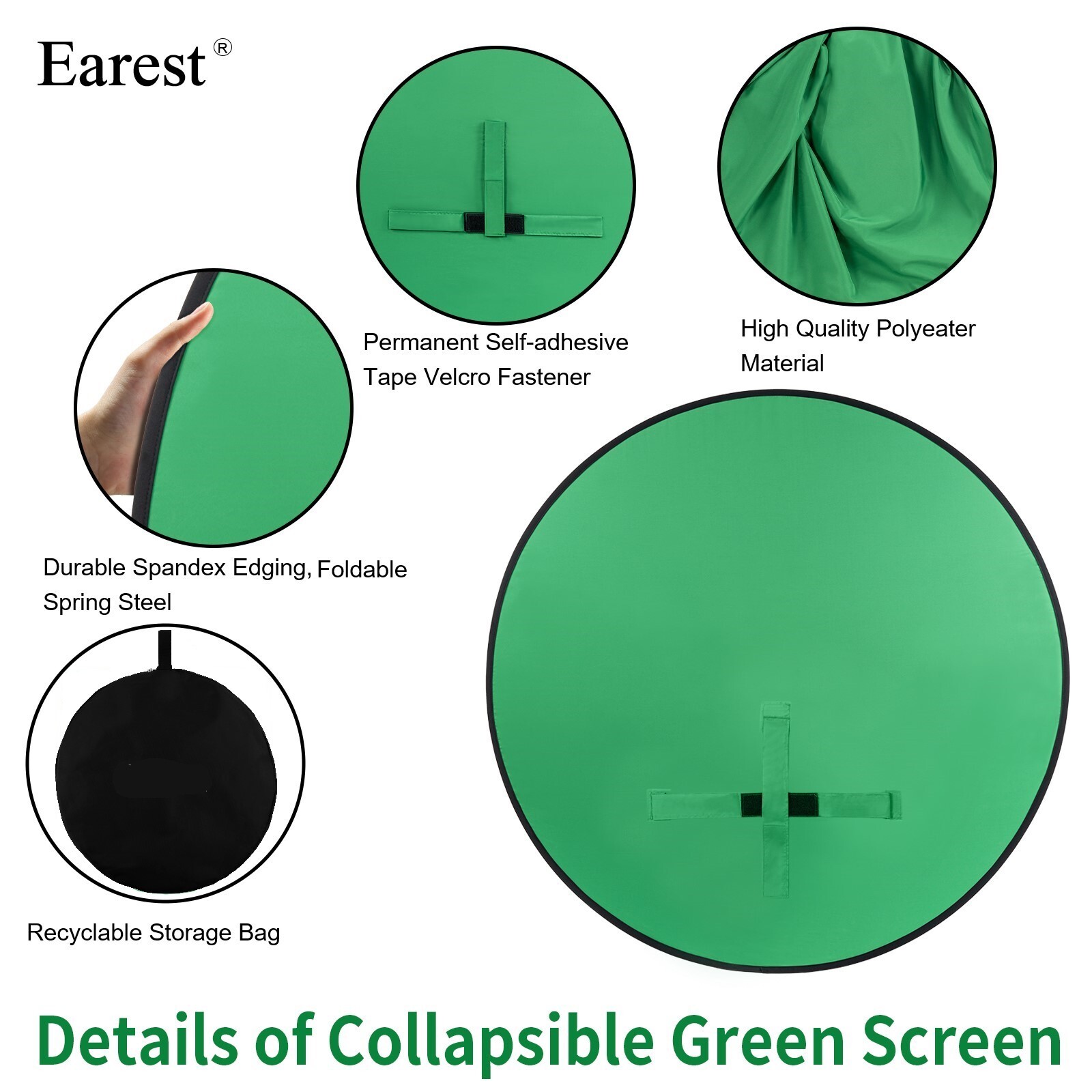59″ Round Green Screen Collapsible Webcam Backdrop Photography Webex Video Chats
