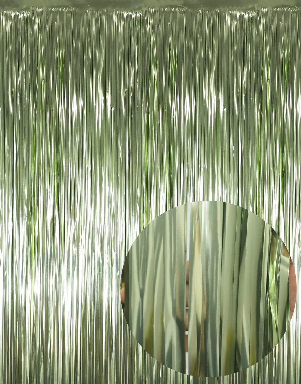 Sage Green Metallic Tinsel Foil Fringe Curtains Party Backdrop 3.2×8.2ft 2 PCS