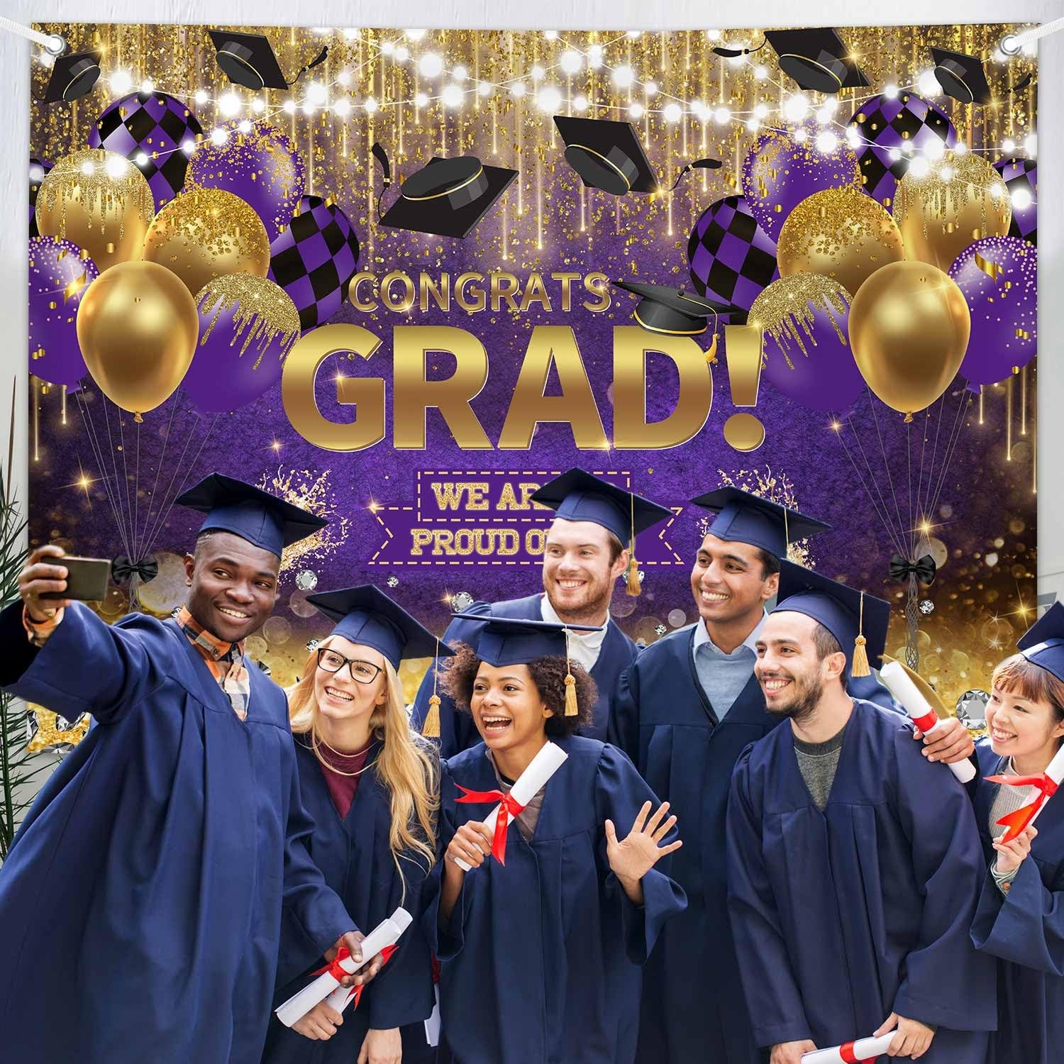 7x5ft Congrats Grad Backdrop Purple Gold Glitter Diamond Graduation Photography