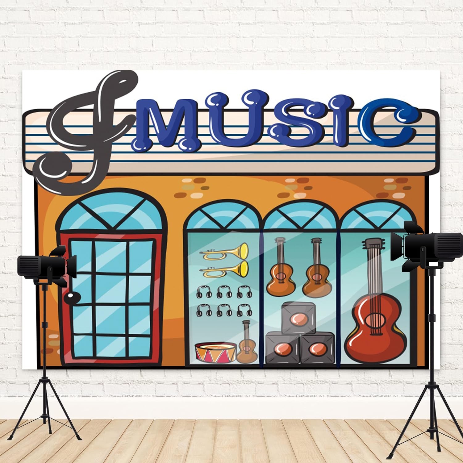 6x4ft Cartoon Music Store Backdrop – Guitar Drums Instruments Photo Prop Decor