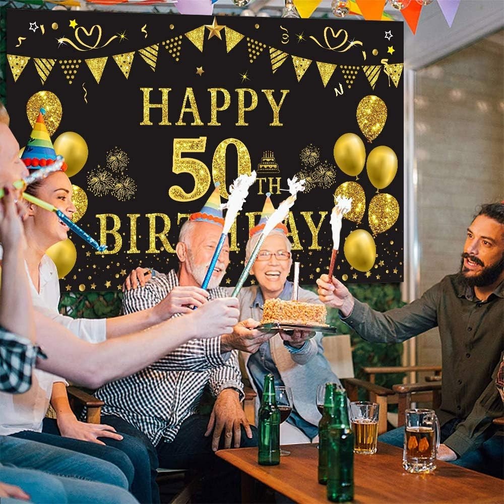Elegant Gold & Black 50th Birthday Banner – 5.9ft x 3.6ft Photography Backdrop