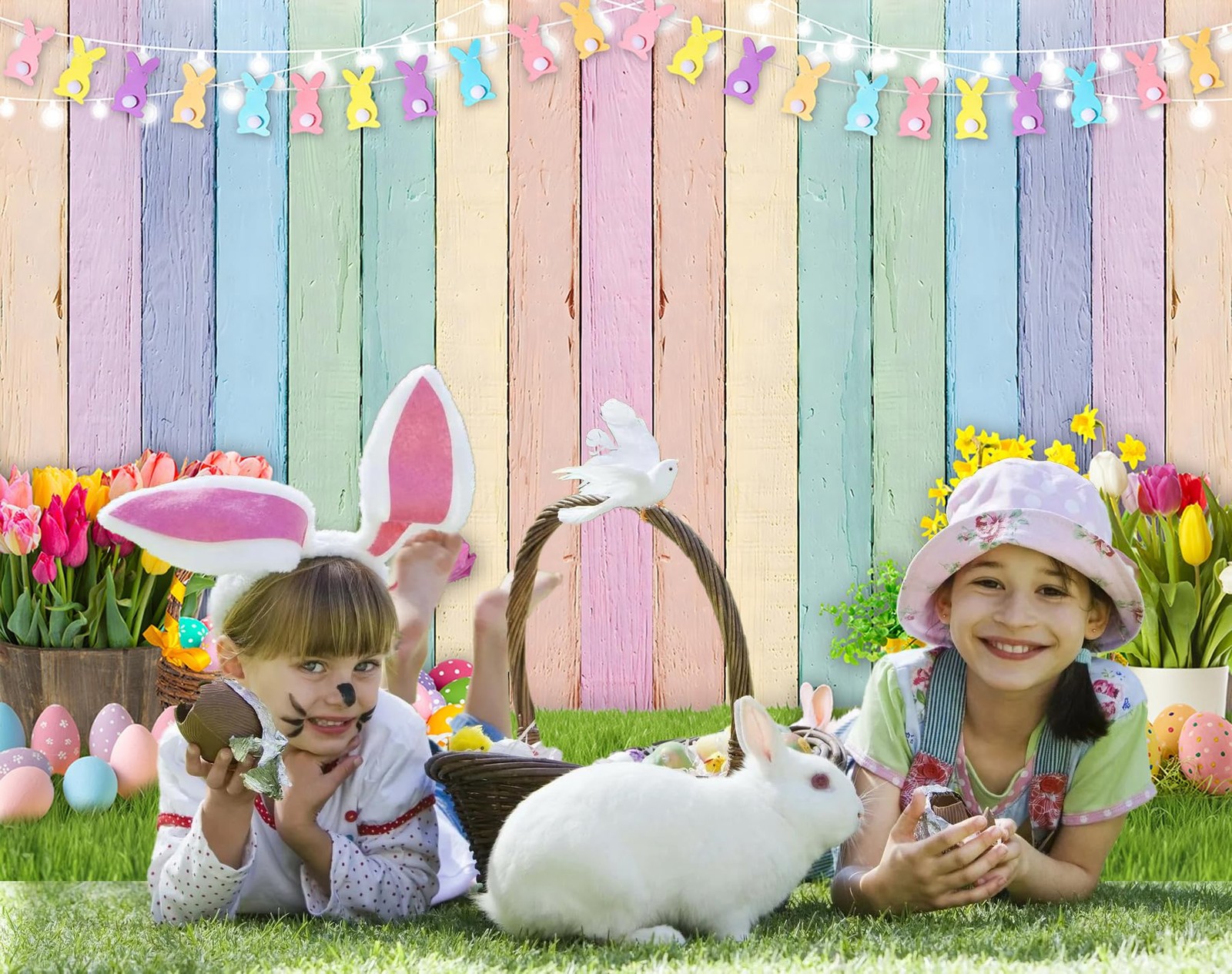 Easter Colorful Wood Backdrop Spring Flowers Green Lawn 7x5FT（210x150cm）