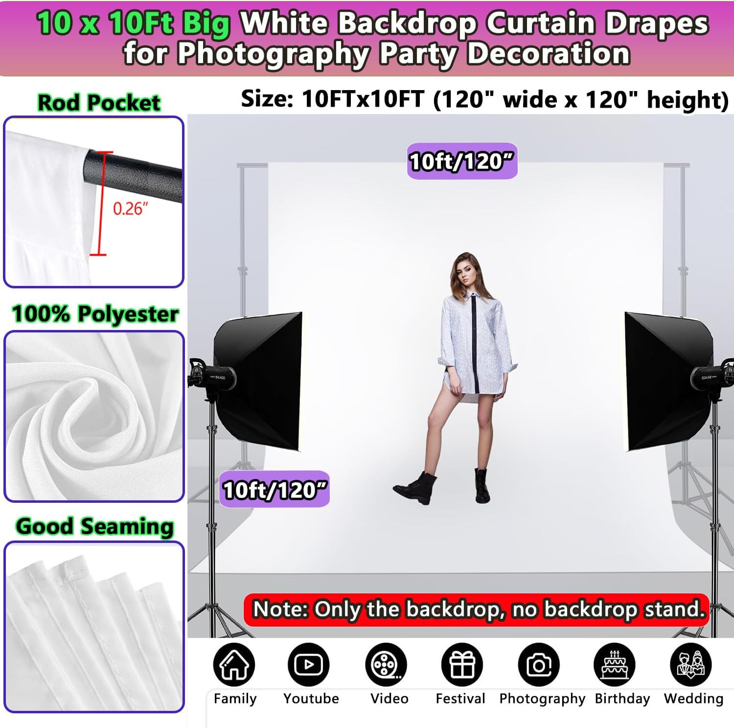 Photo Backdrop White 10 X 10Ft, White Backdrop for Photoshoot, Solid White Photo