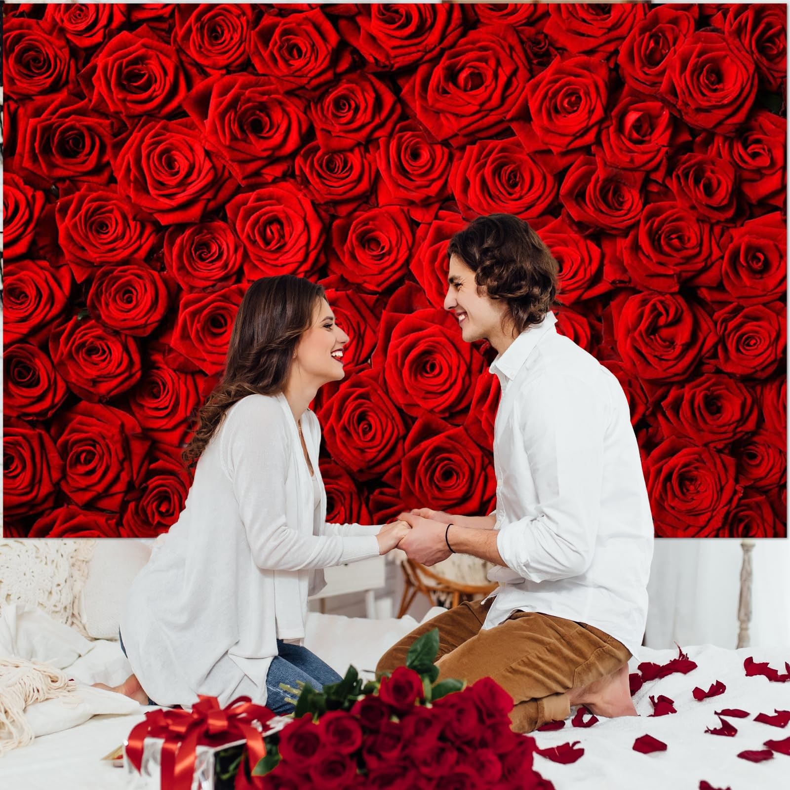 Valentine’s Day Backdrop Rose Flower Wall Photo Background Red Rose Wedding Brid