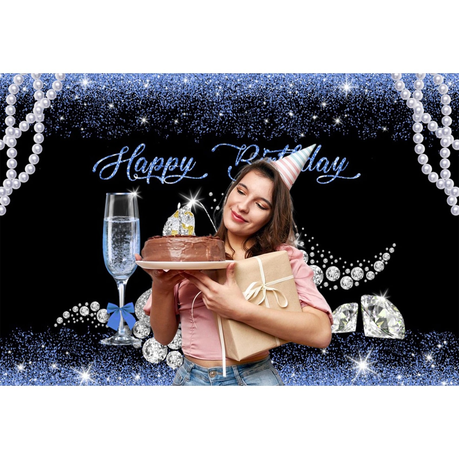 Blue Glitter Pearl Diamond High Heels Happy Birthday Backdrop 10×6.5ft Mat