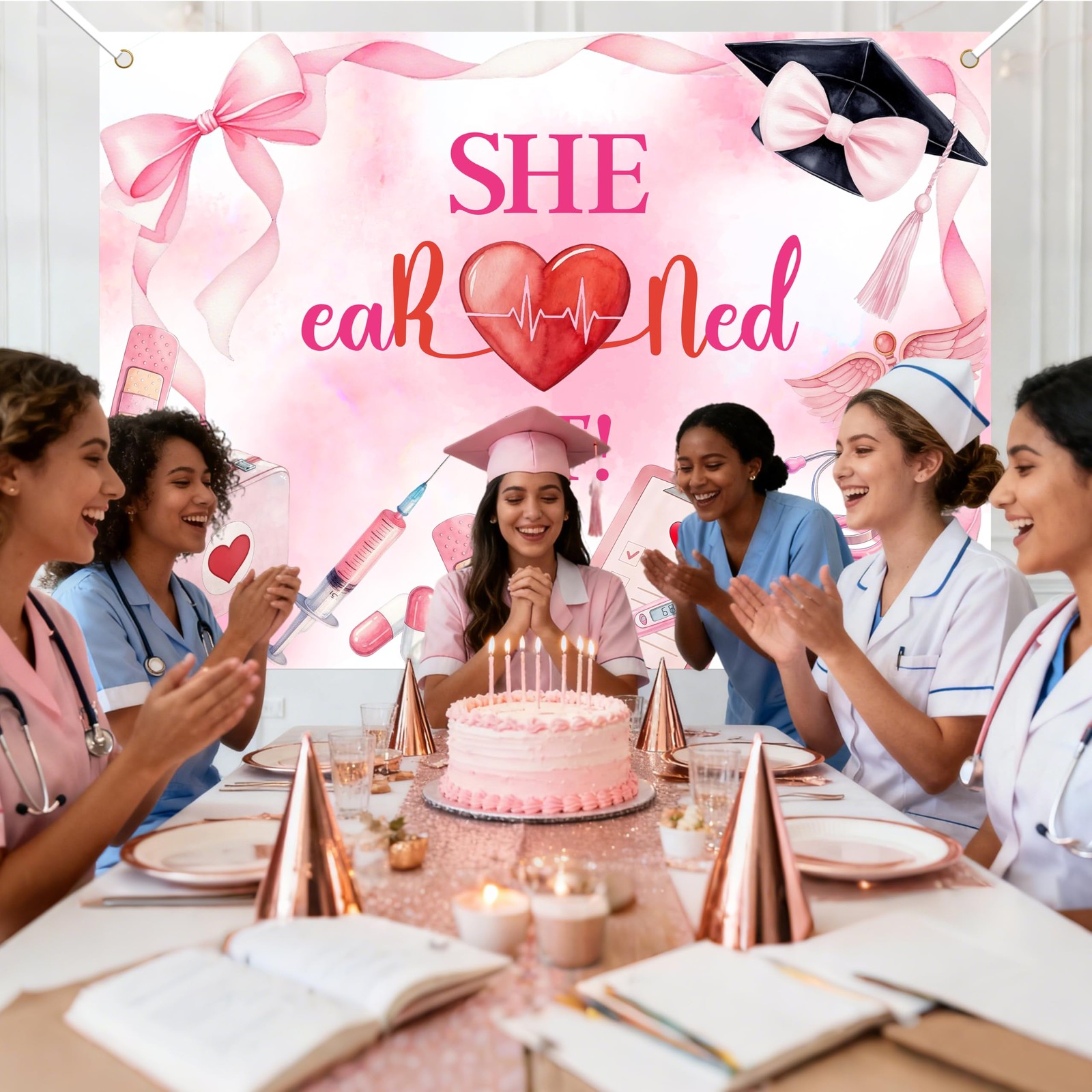 Rose Gold She Earned It Class 2025 Nurse Graduation Party Backdrop Supplies