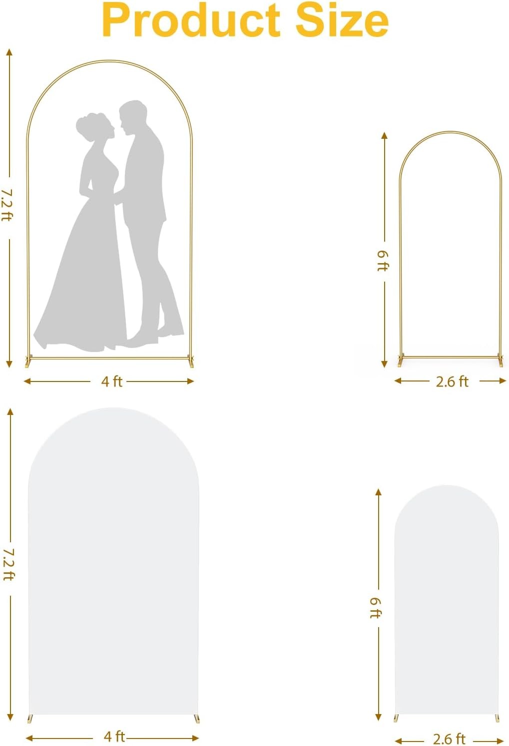 Metal Arch Backdrop Stand & Cover Set 7.2FT/6FT Wedding Arch Frame W/ Spiral