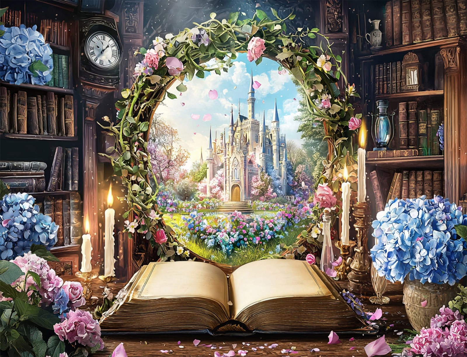 10x8ft Blue Floral Fairy Woodland Library Castle Vinyl Backdrop Photo Background