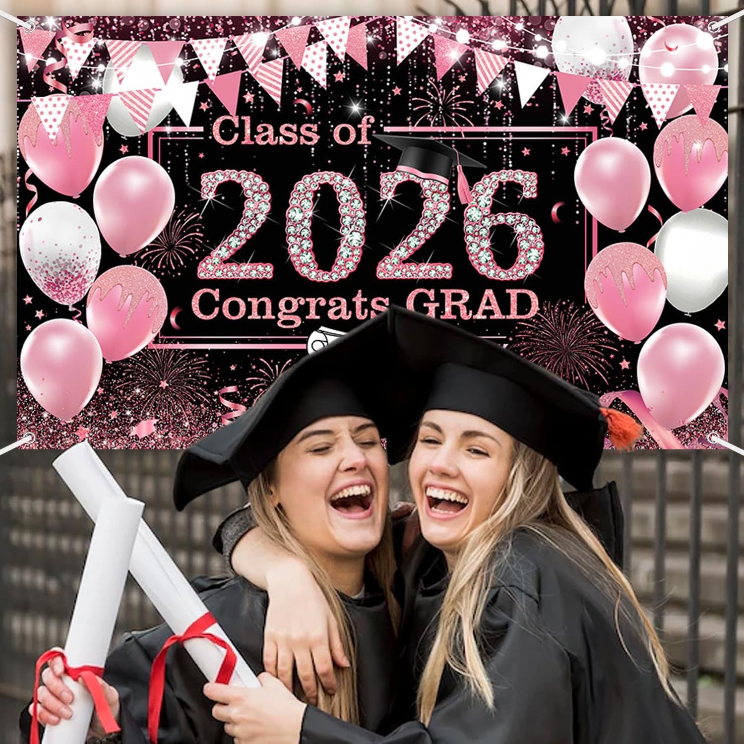 Pink Graduation Backdrop Decorations 2026 Pink Graduation Bnner Class of 2026…