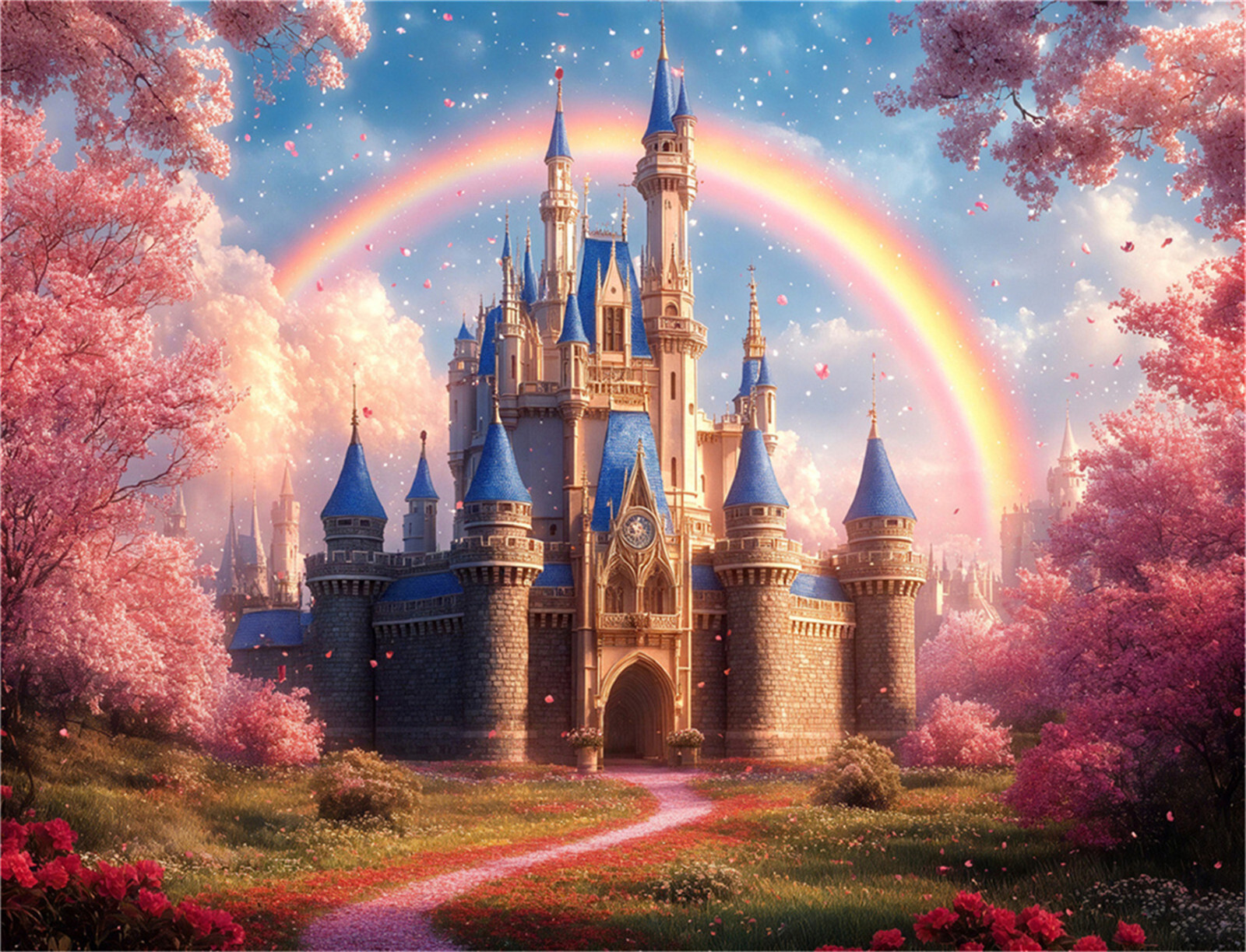10x8ft Spring Landscape Blue Magic Castle Rainbow Photo Background Studio Props