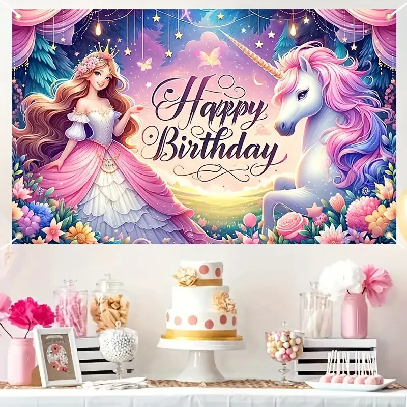 1pc Unicorn Birthday Banner, Princess Birthday Backdrop Cloth, Unicorn Birthday