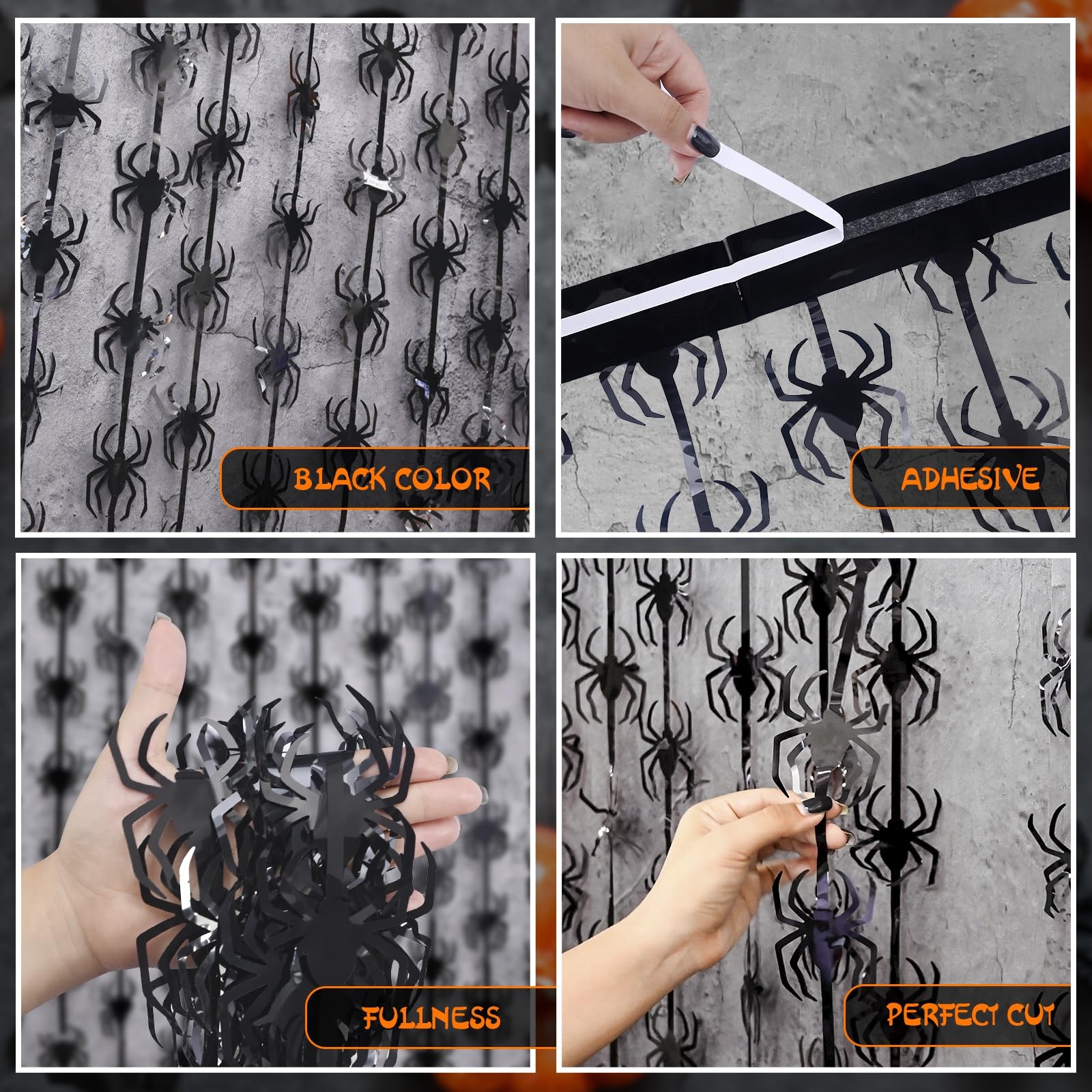 2 PCS Black Spider Tinsel Foil Fringe Curtains Photo Booth Backdrop Party Decor