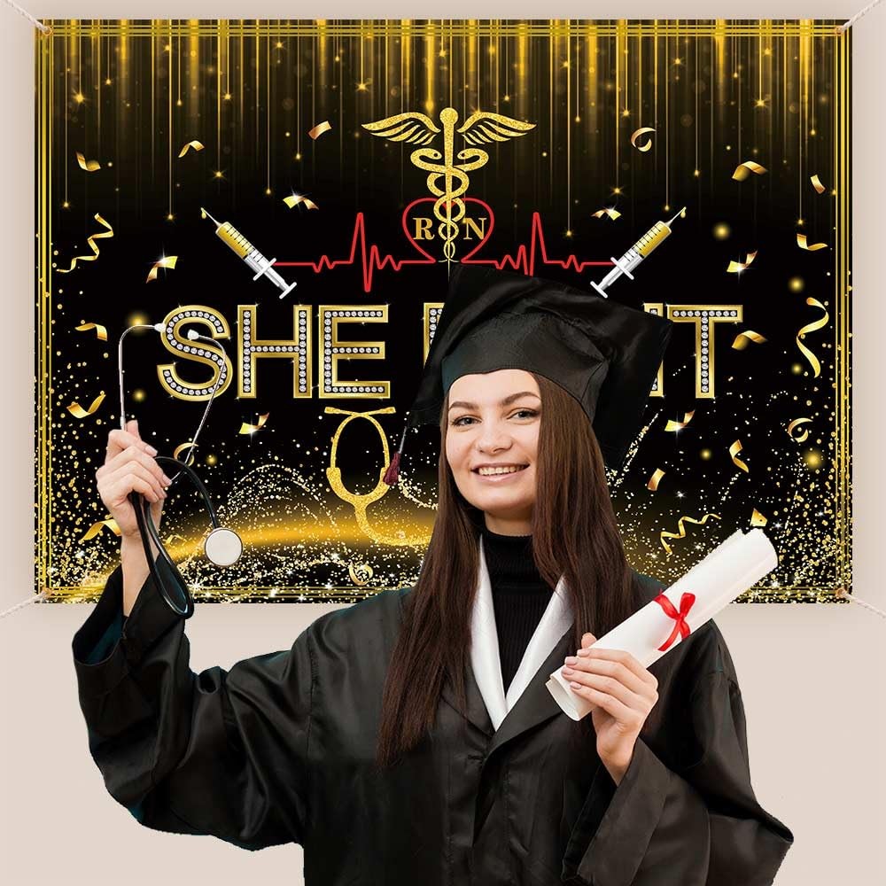Nurses Graduation Backdrop She Did It Congratulations Graduates Black Gold Glit