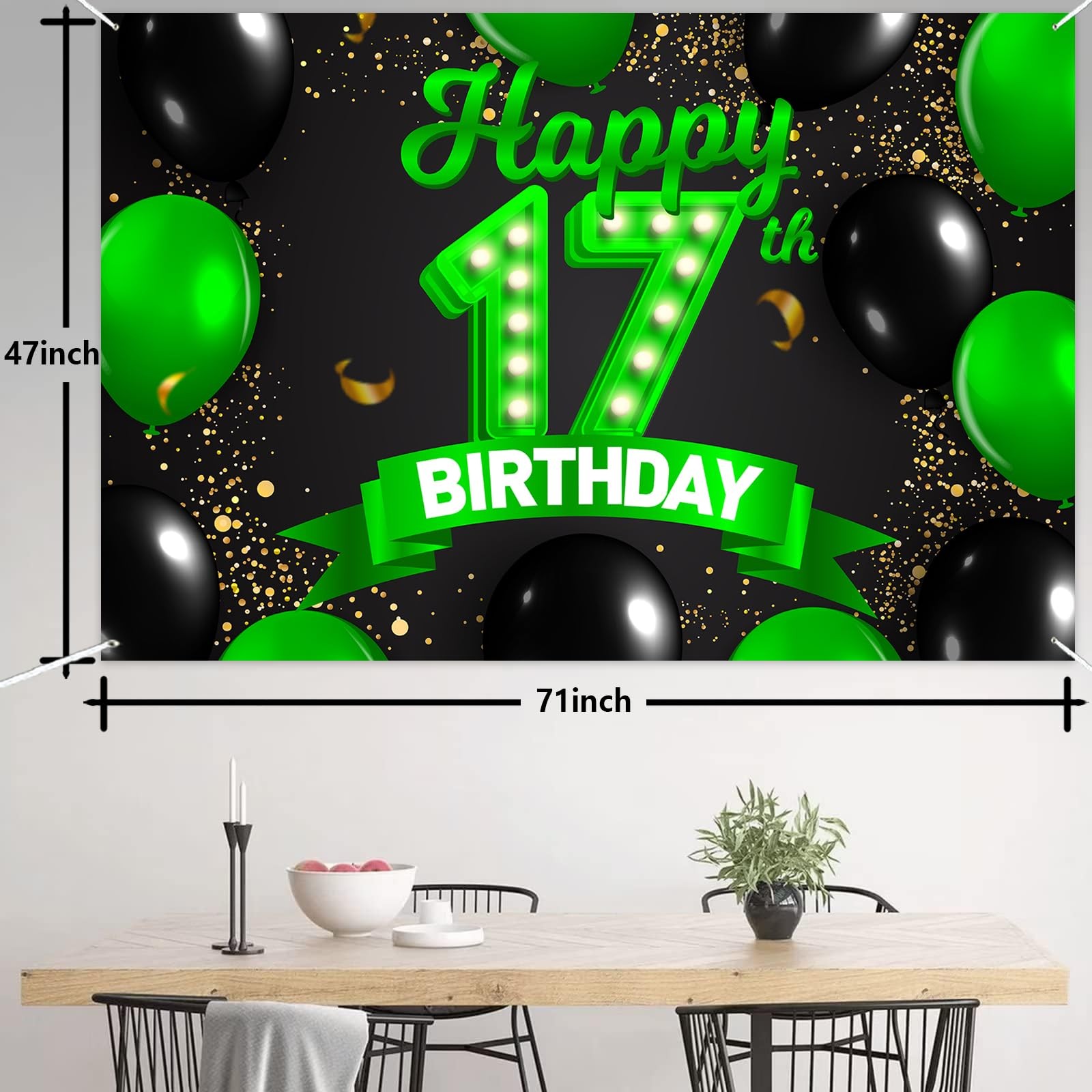 Happy 17th Birthday Green and Black Banner Backdrop Cheers to 17 17, Multi