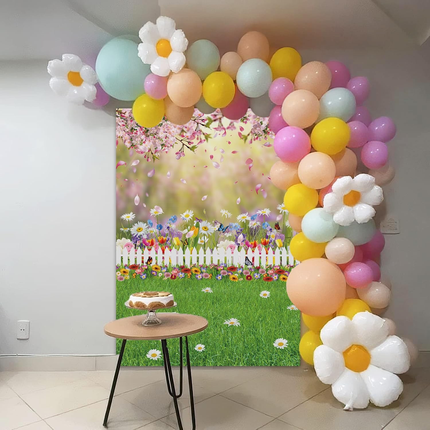 Spring Easter Backdrop 5×7 Ft Pink Flowers Green Lawn Photography Background