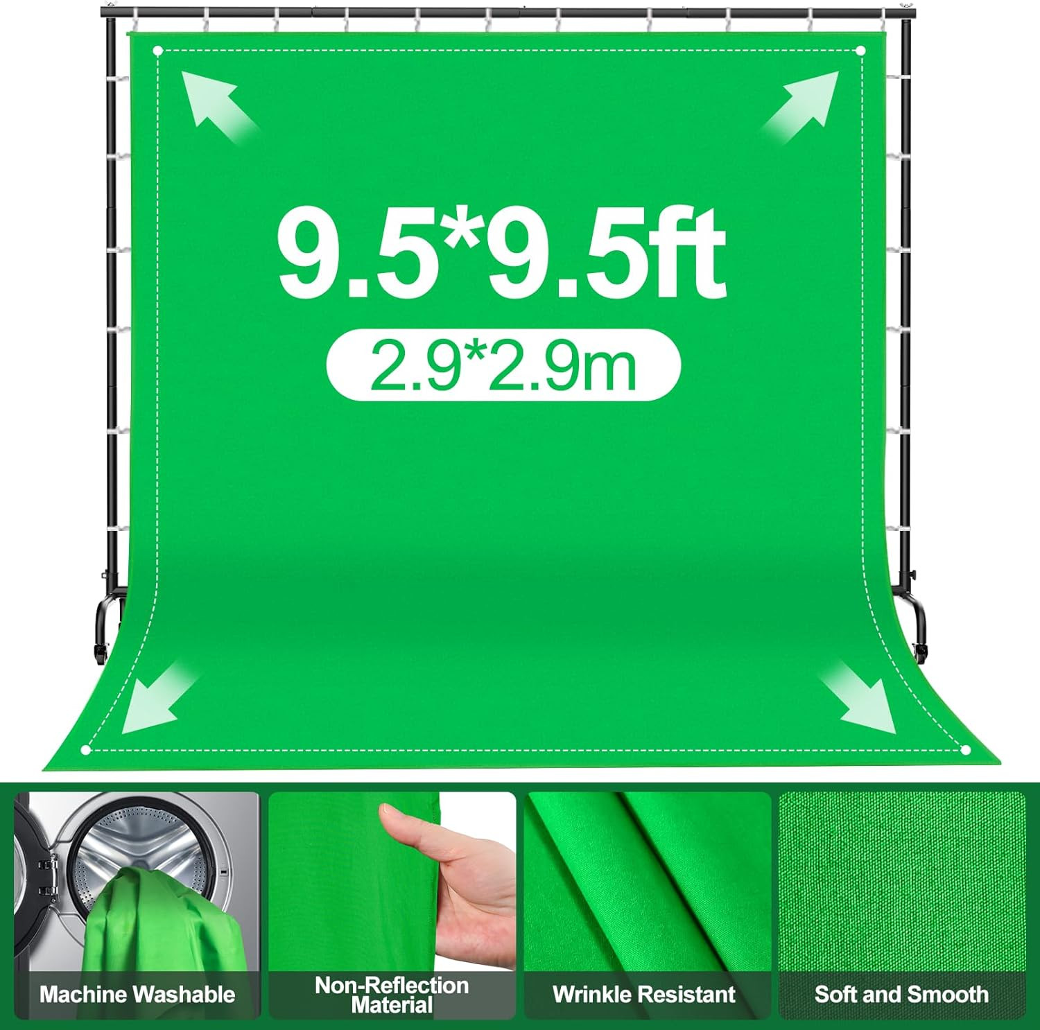 9.5X9.5Ft Large Green Screen Backdrop Kit, Greenscreen Back Drop with 7X10Ft Mov