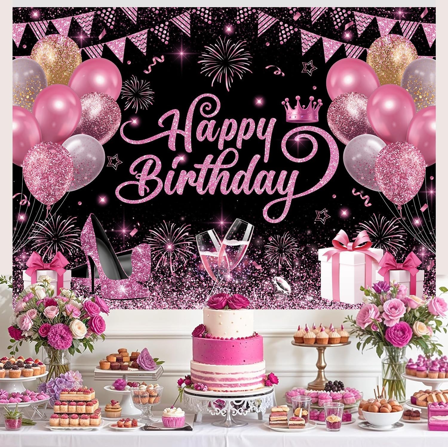 7X5Ft Pink and Black Happy Birthday Backdrop Women Birthday Party Photography