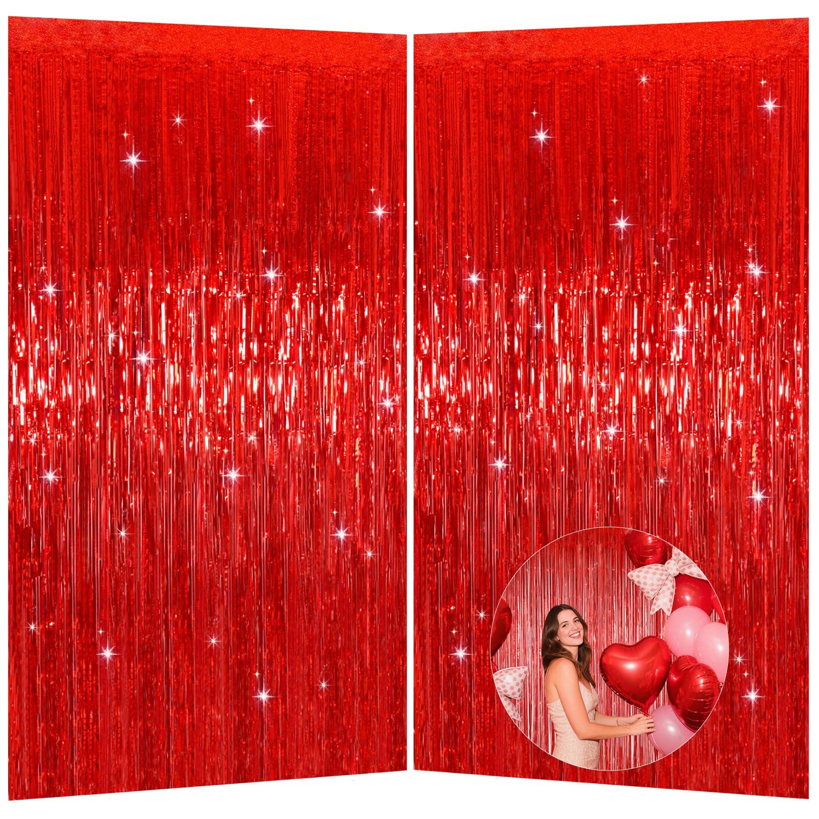 Red Foil Curtains 3.28×6.56 Ft Shiny Metallic Tinsel Backdrop Fringe