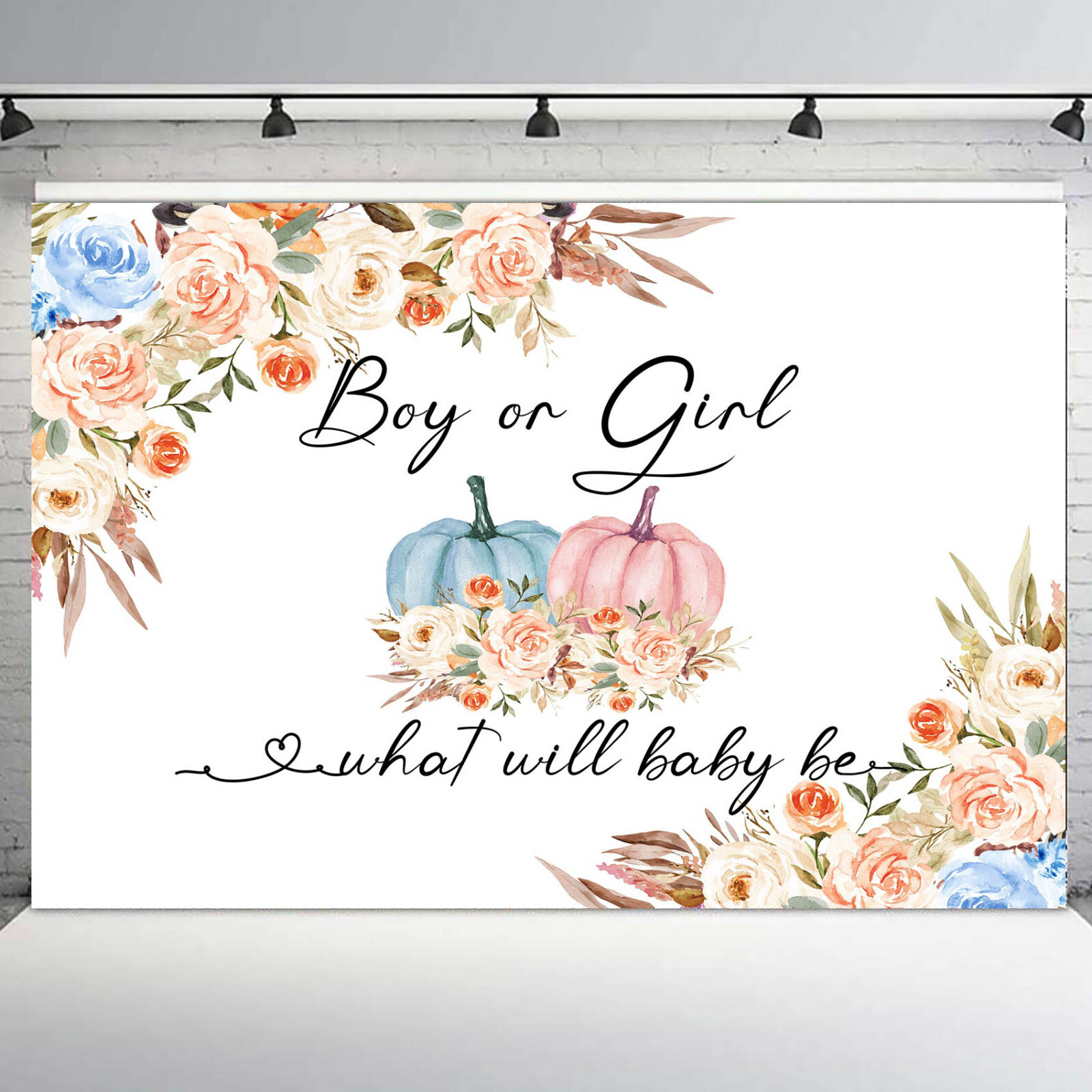 10x8ft Blue Pumpkin Pink Floral Gender Reveal Photo Background Studio Props