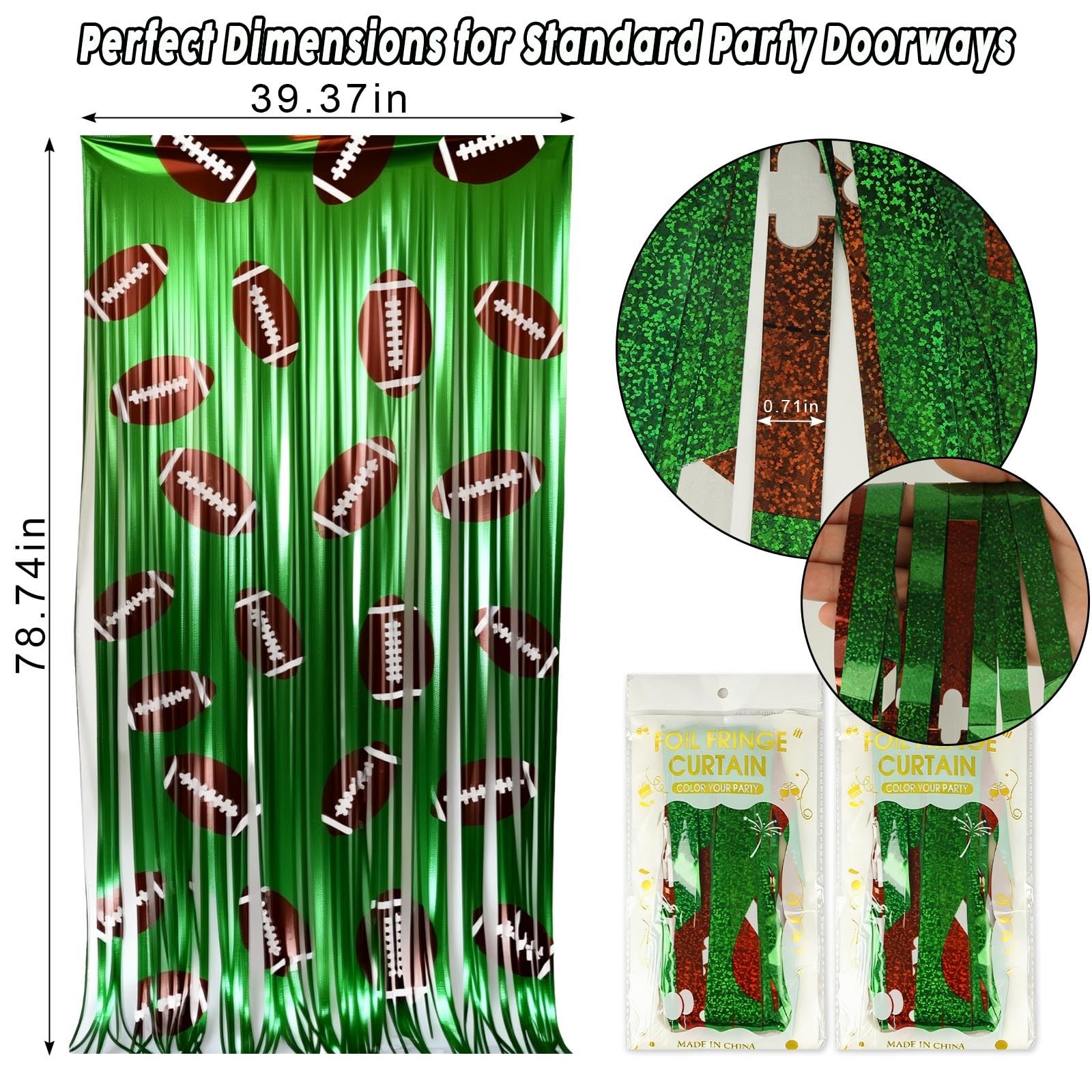 3.3×6.6 Ft Brown Green Football Foil Fringe Curtain Backdrop Sports Decor 2 PCS
