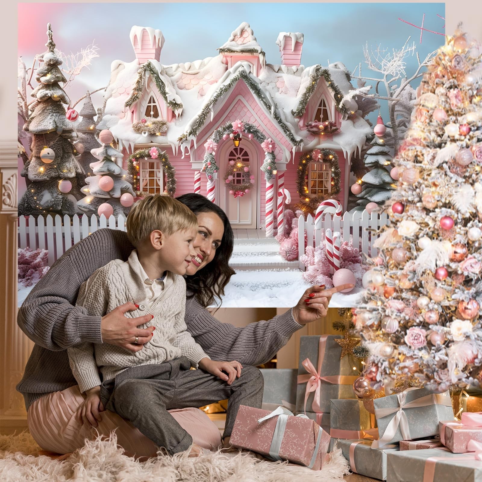 Pink Christmas Backdrop House Cane Candy Winter Holiday Party Props 7×5 Ft