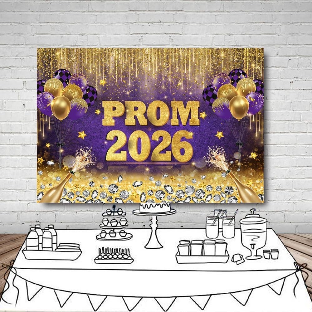 7x5ft Prom 2026 Congrats Grad Backdrop Purple Gold Glitter Graduation Photograph