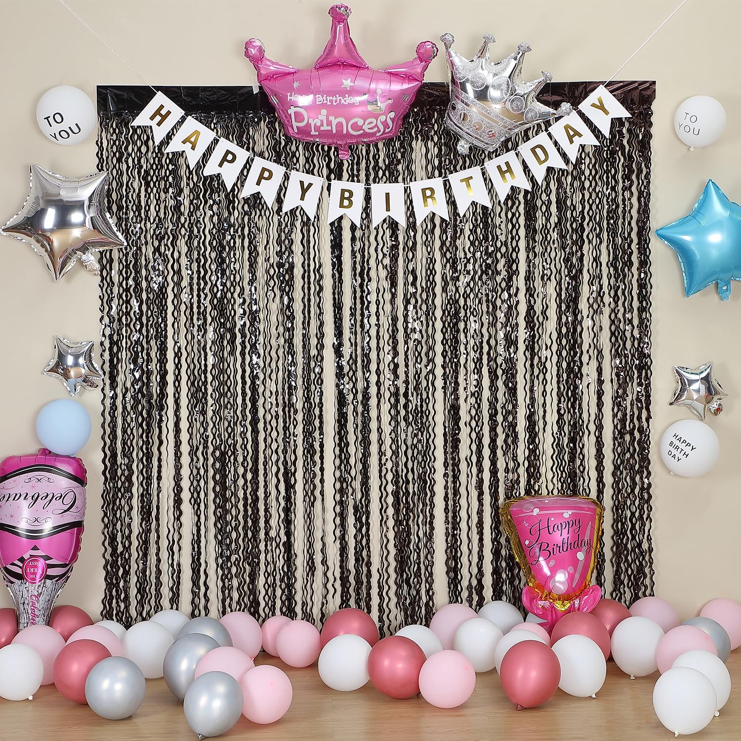 3 PCS New Years Wavy Black Tinsel Foil Fringe Curtain Backdrop 3.3×6.6 FT