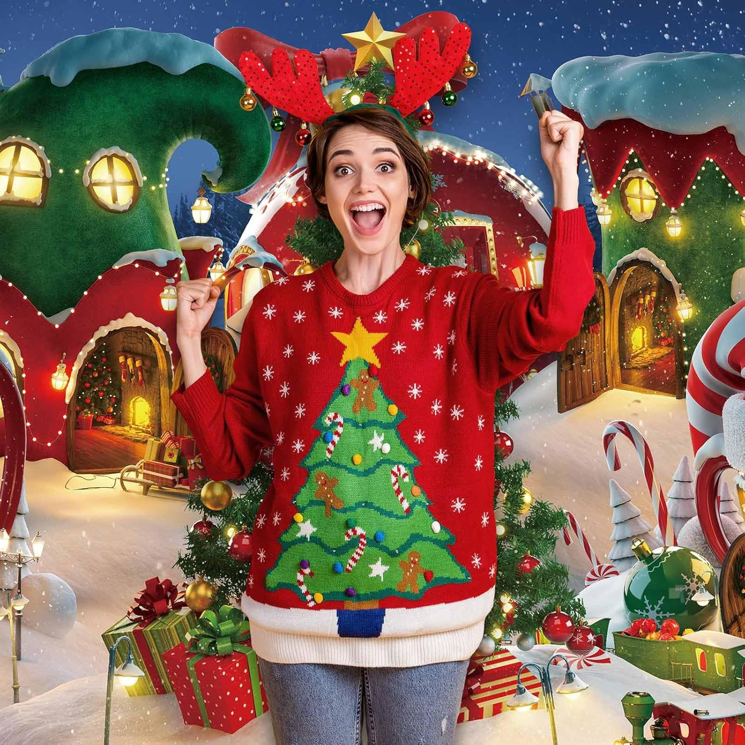 7x5FT Cartoon Christmas Village Photography Backdrop Winter Snow Pine Tree Backg
