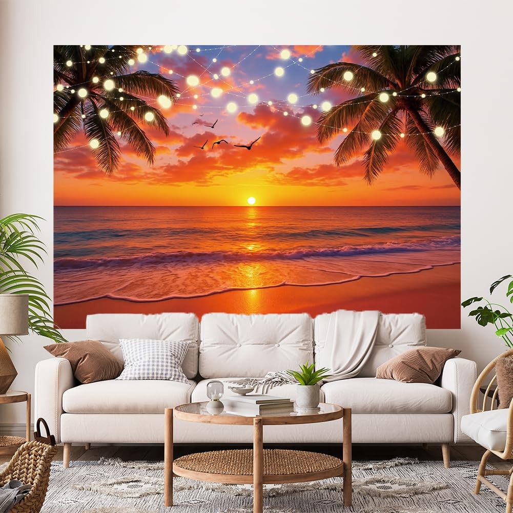 Summer Sunset Beach Backdrop Hawaiian Tropical Palm Leaves Photography 7×5 FT