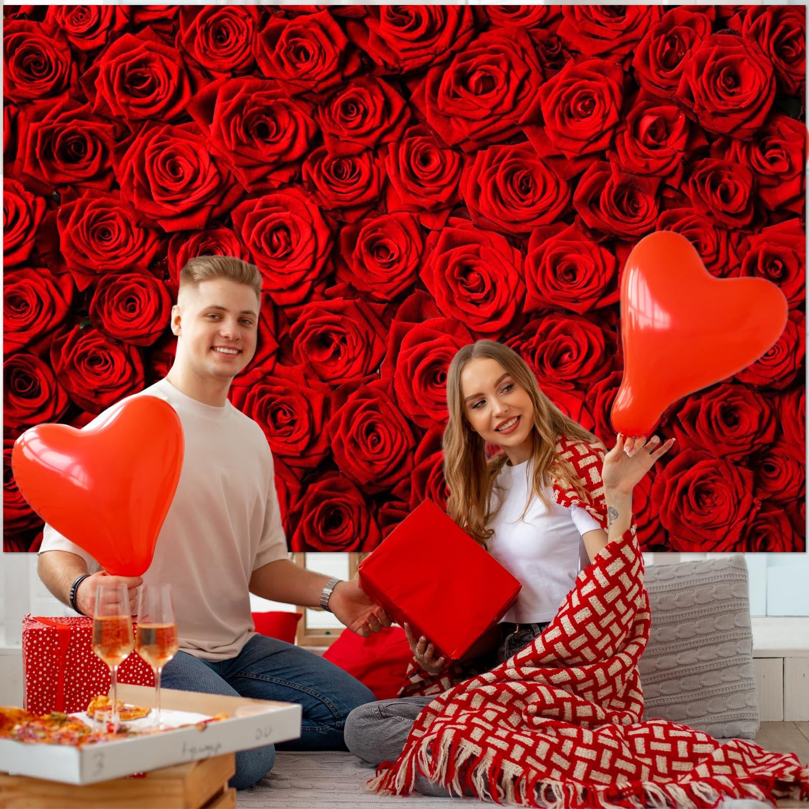 Valentine’s Day Backdrop Rose Flower Wall Photo Background Red Rose Wedding Brid