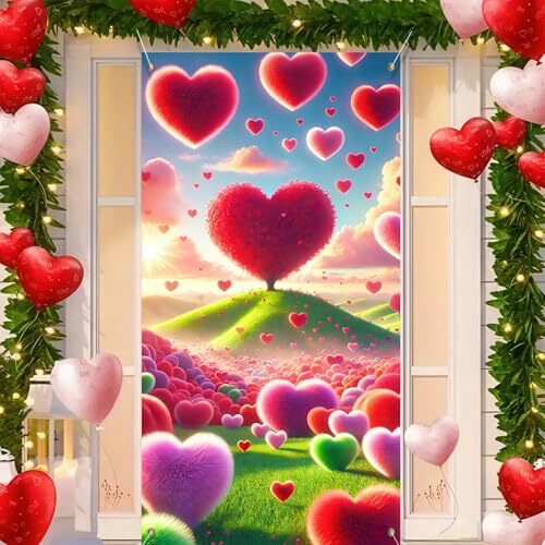 70×35 Backdrop Photo Background with Heart-Shaped Valentine’s Day Door Cover