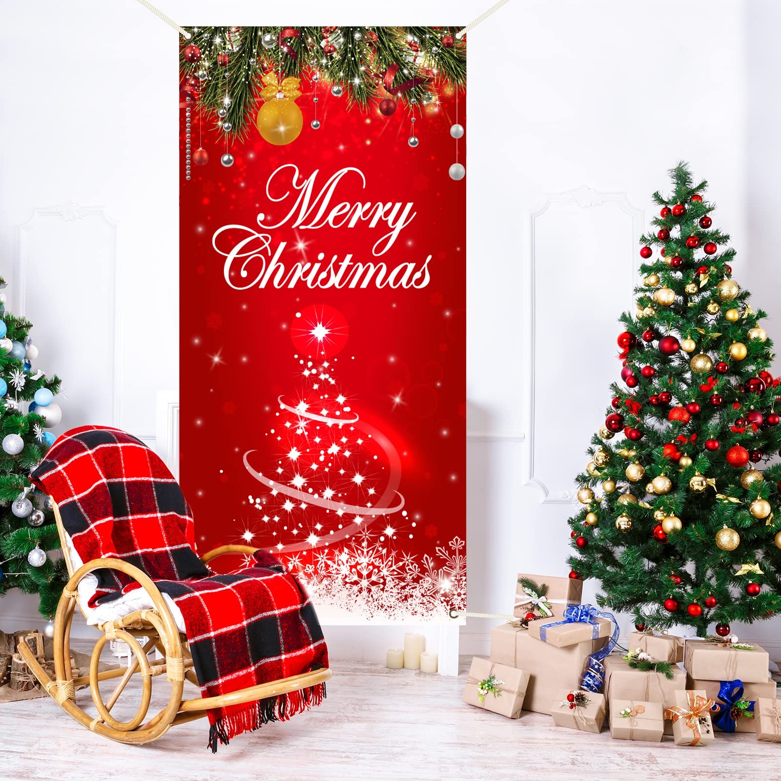 Merry Christmas Door Cover Red Xmas Backdrop Door Banner Santa Claus Merry Ch…