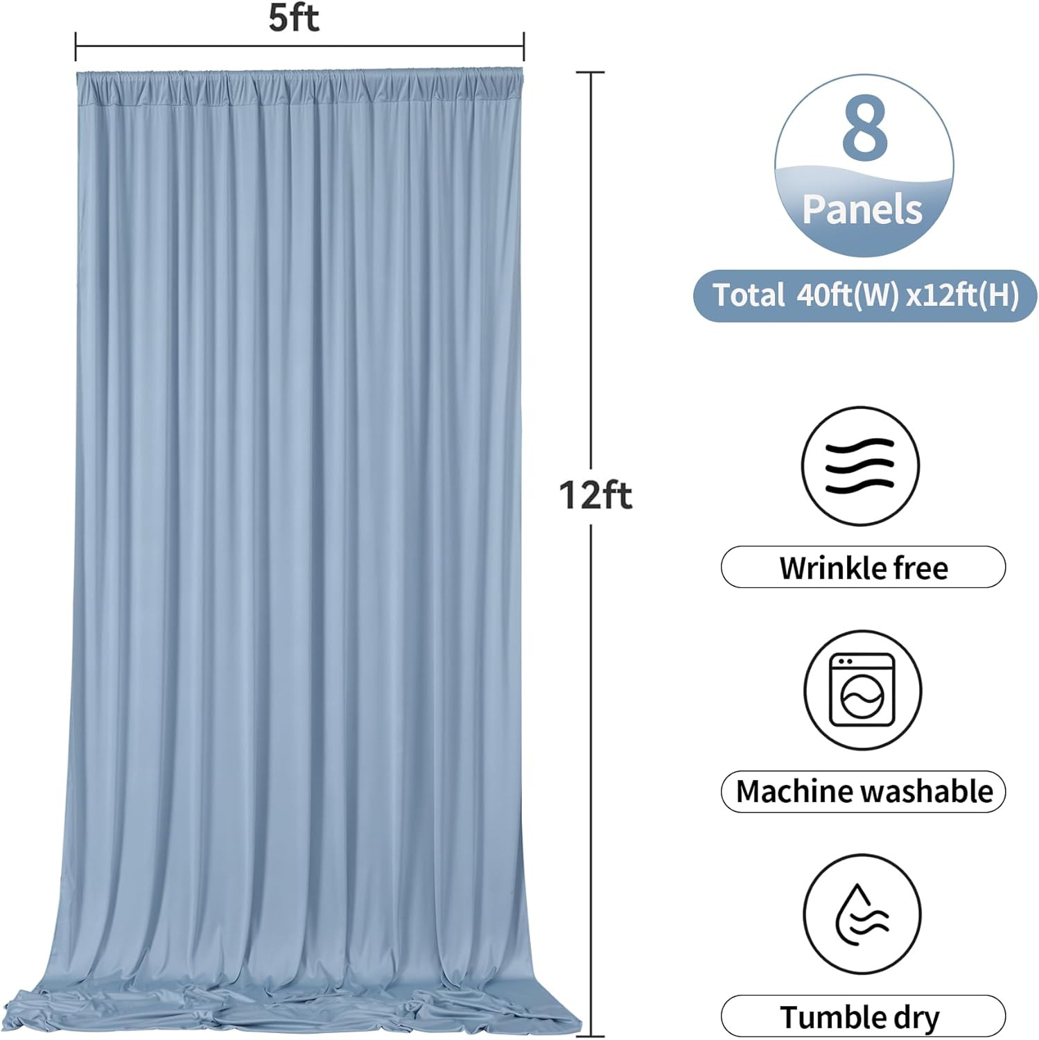 40Ftx12Ft Dusty Blue Backdrop Curtains for Parties, Wrinkle Free Polyester Photo