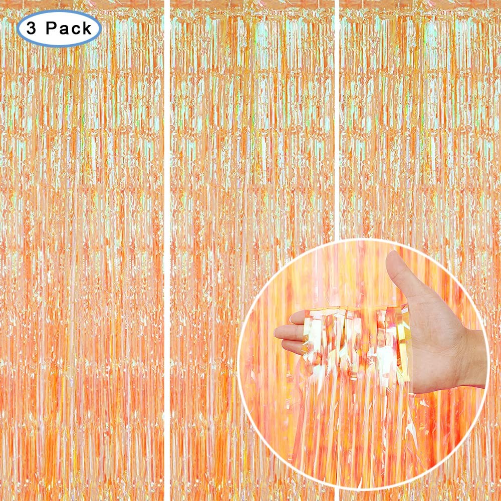 Transparent Orange Metallic Tinsel Foil Fringe Curtains Backdrop 3 Pack