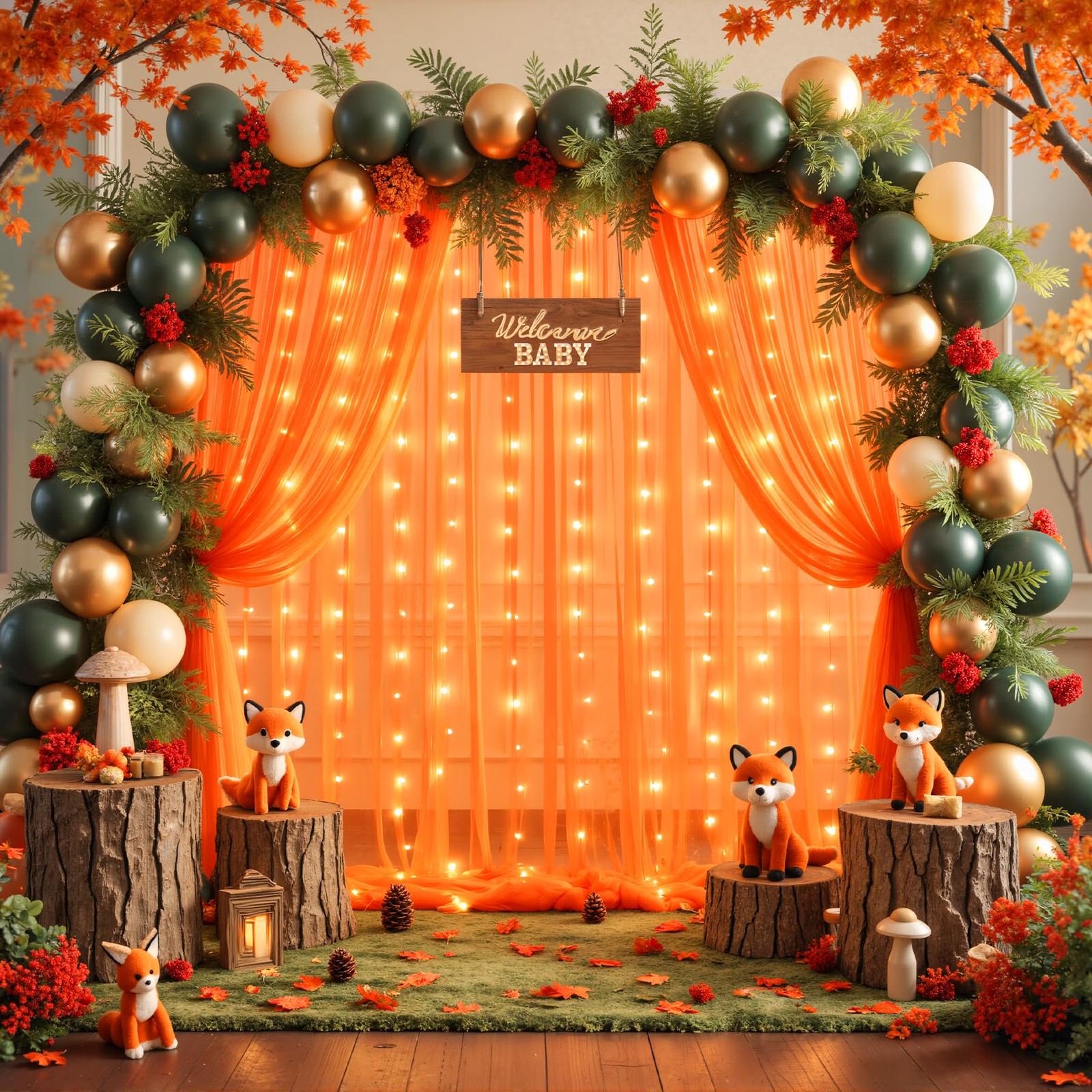 10x10ft Orange Tulle Photo Backdrop Curtain With Lights Halloween Party