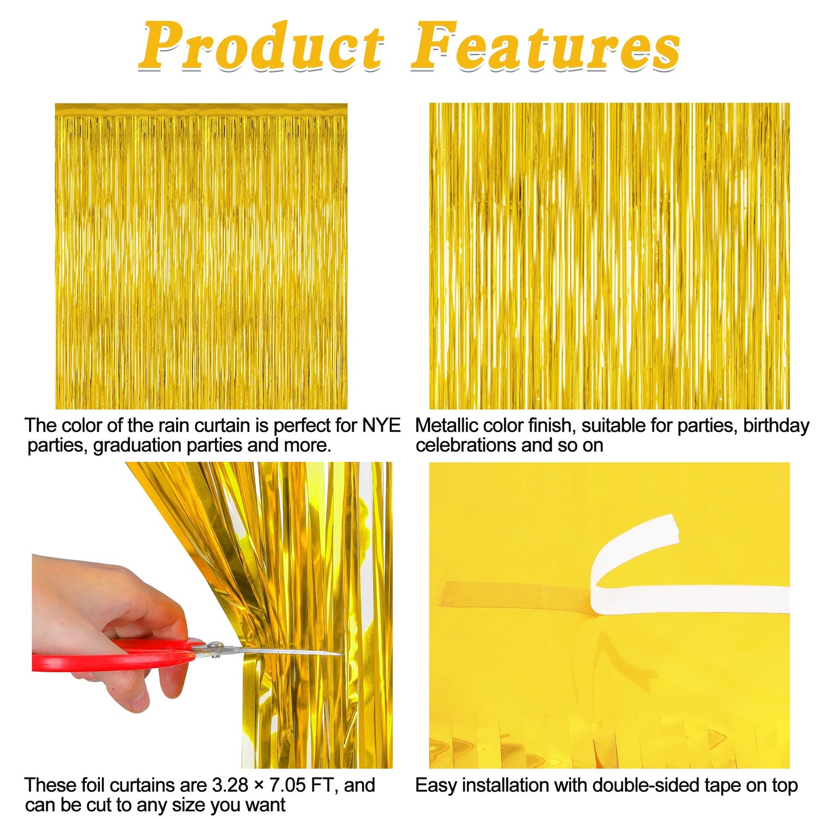 2 Pack Gold Tinsel Backdrop, 3.28 FT x 7.05 Metallic Fringe 2 PCS,