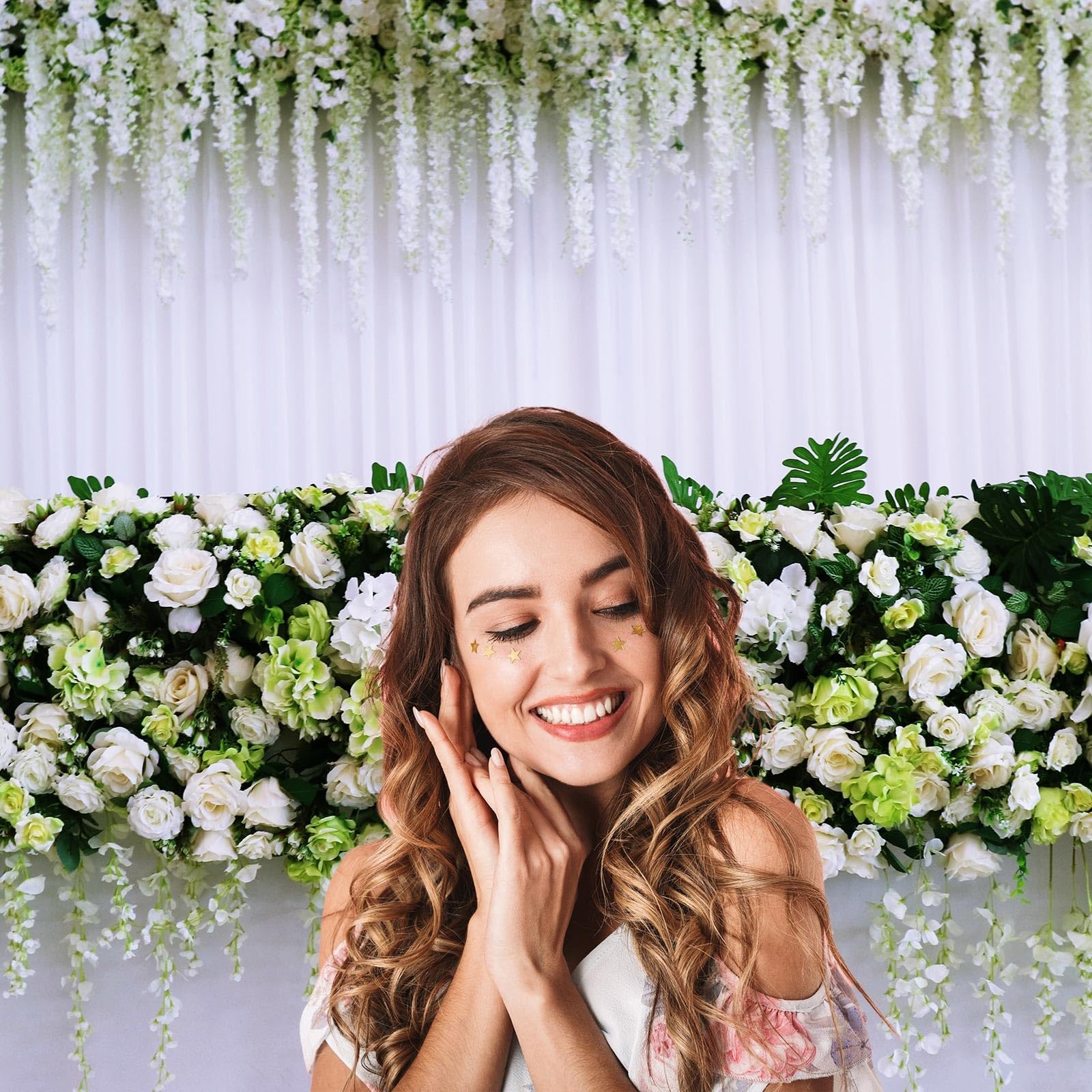 Wedding Party Backdrop Art of White Bouquet Flowers on White Fabric Photograp…